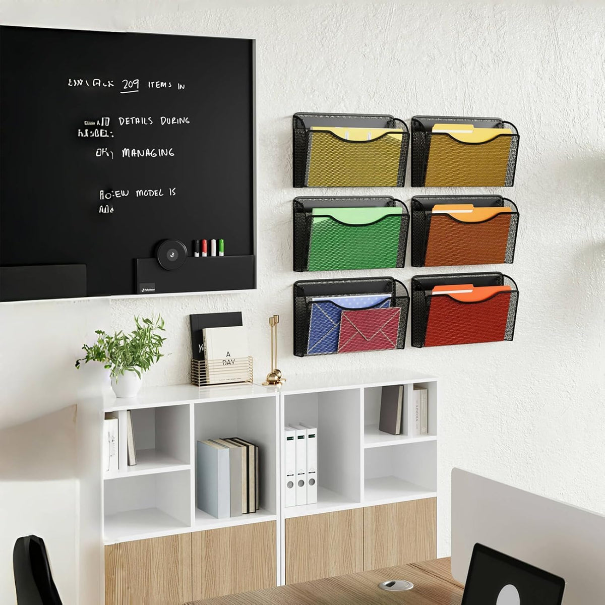 MINDEPOT Magnetic Wall File Organizer, Hanging File Holder, 6 Pack, Black | Heavy Duty Iron, Powerful Magnet, Metal
