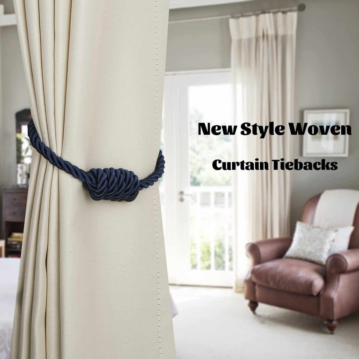BEL AVENIR Magnetic Curtain Tiebacks 6 Pack Hand-Woven Curtain Ties | Navy Decorative Curtain Holdbacks Bohemian Style