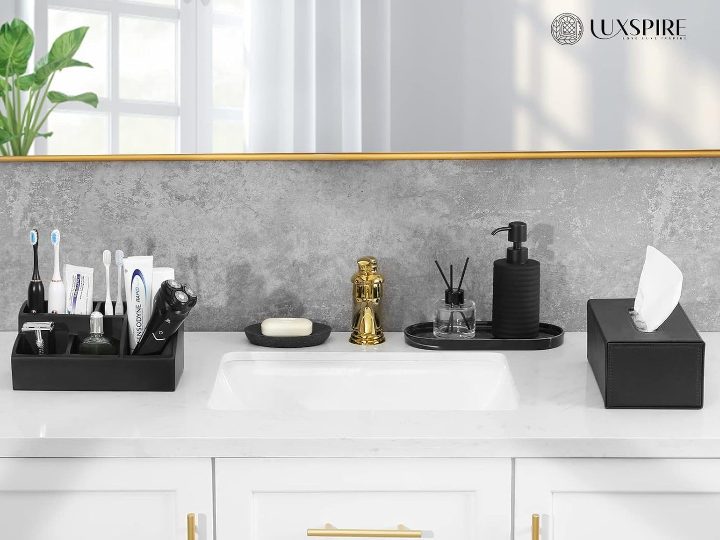 Luxspire Bathroom Counter Organizer, 5 Slots, Matte Black | Toothbrush Holder for Bathroom, Marble Bathroom Accessories