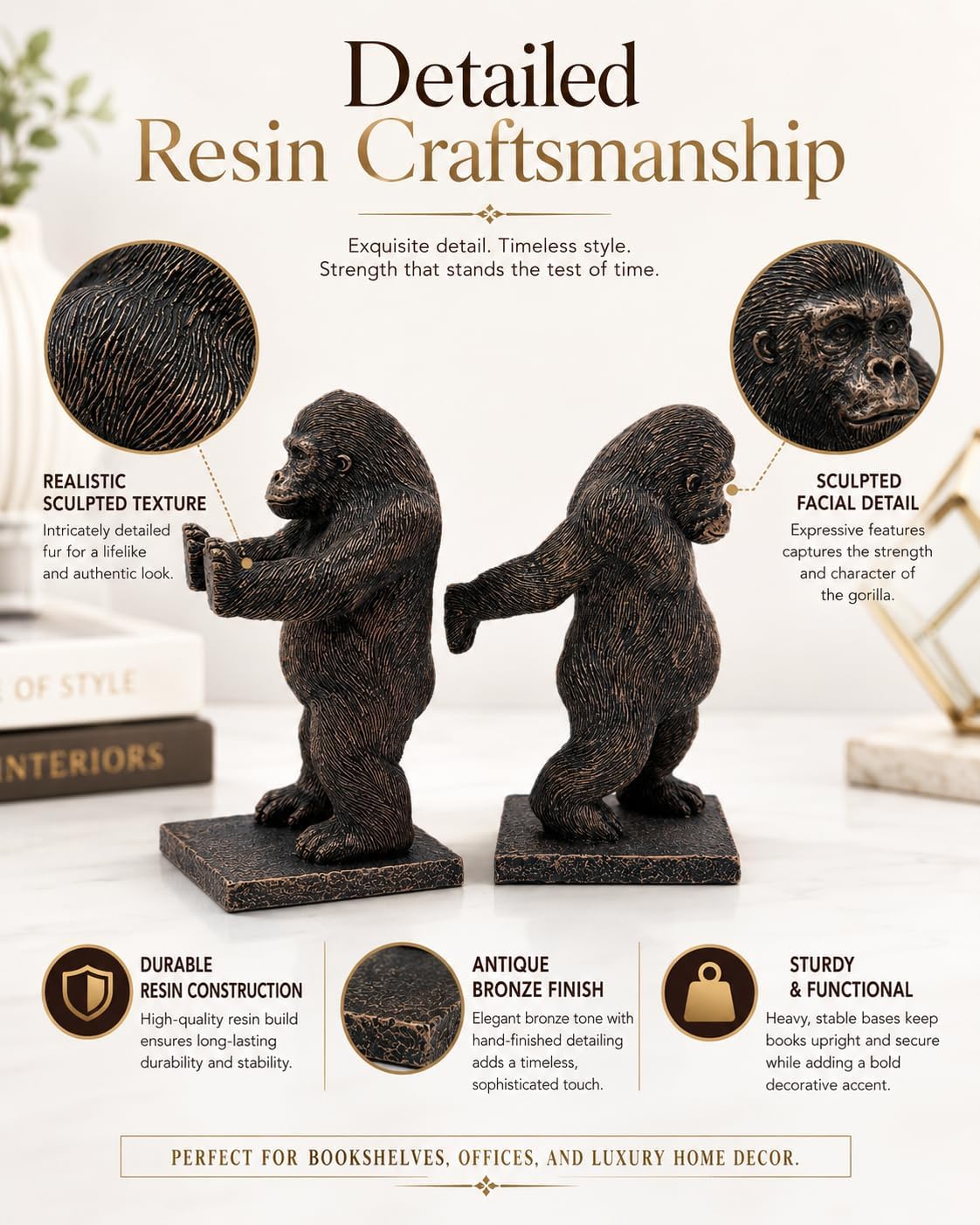 Resin Bookends / Realistic Heavy Animal Sculpture Decorative Book Ends / Gorilla / Bronze / Set of 2