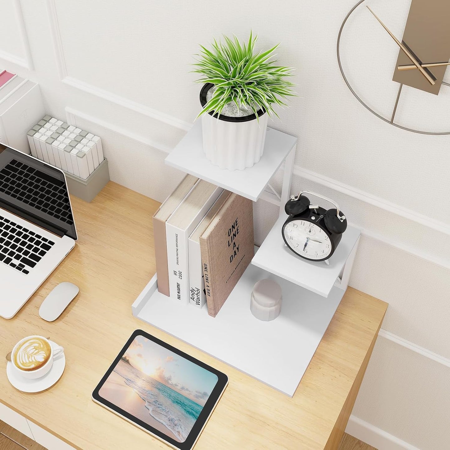 Wood Small Bookshelf Desktop Shelves and Organizer / White