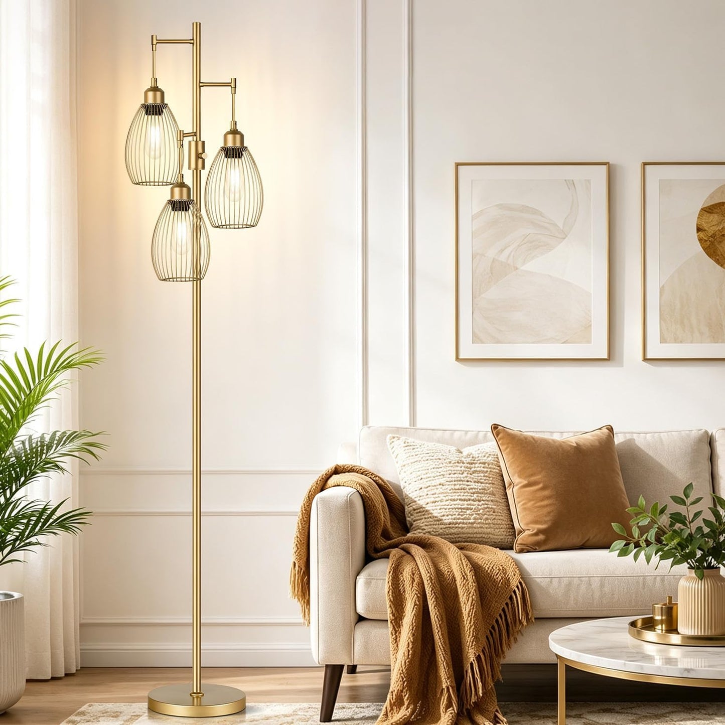 Dimmable Floor Lamp, 3 x 800LM LED Edison Bulbs Included, Farmhouse Industrial Floor Lamp Standing Tree Lamp with