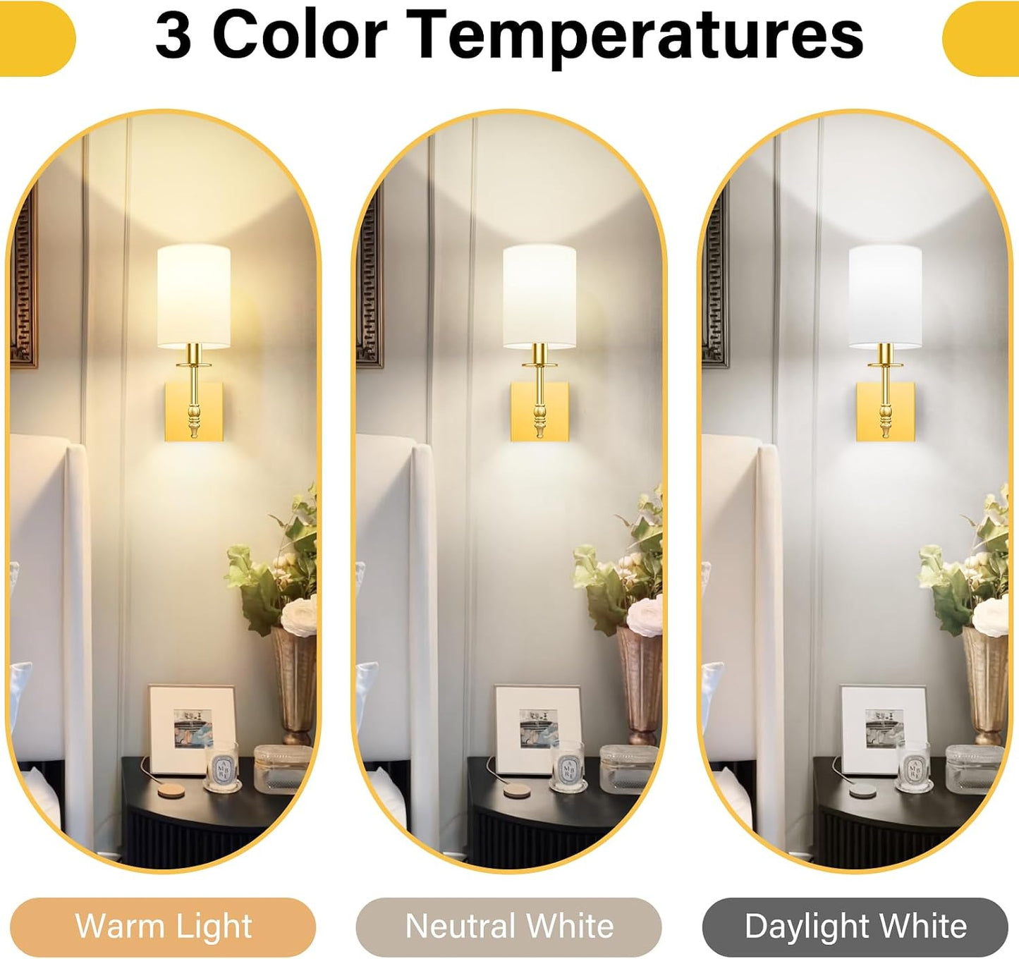 Gold Rechargeable Wall Lights with Remote, Battery Operated Wall Sconces Set of 2, Wireless Wall Lamps with 15 Color