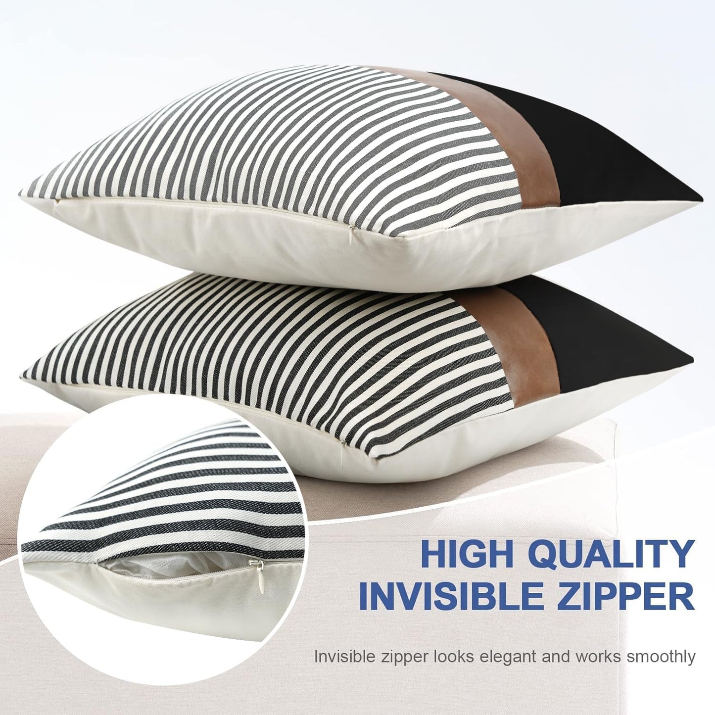 Modern Tan Faux Leather Accent Pillow Covers / Black Linen and Grey Stripe / 18 x 18 / Set of 2