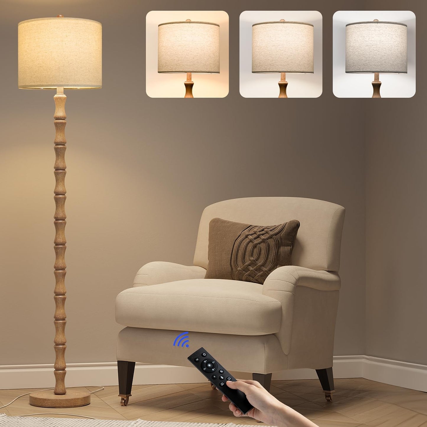 BOBOMOMO 62" Rustic Farmhouse Floor Lamp with Remote & Dimmable 9W Bulb, 3 Color Temperatures Resin Standing Lamp