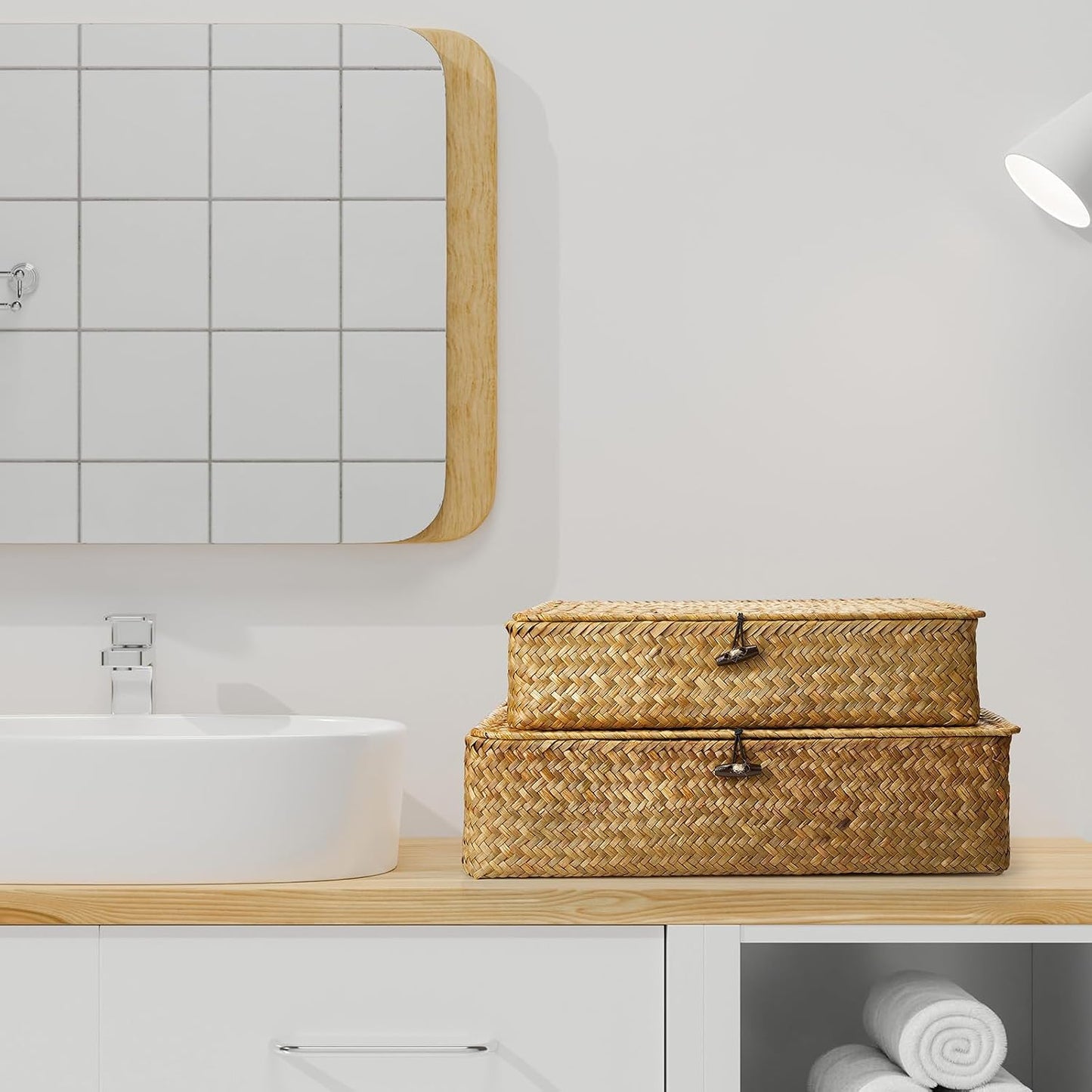 Seagrass Basket / Lid Wicker Storage Basket Decorative Storage Boxes / Yellow / Set of 4