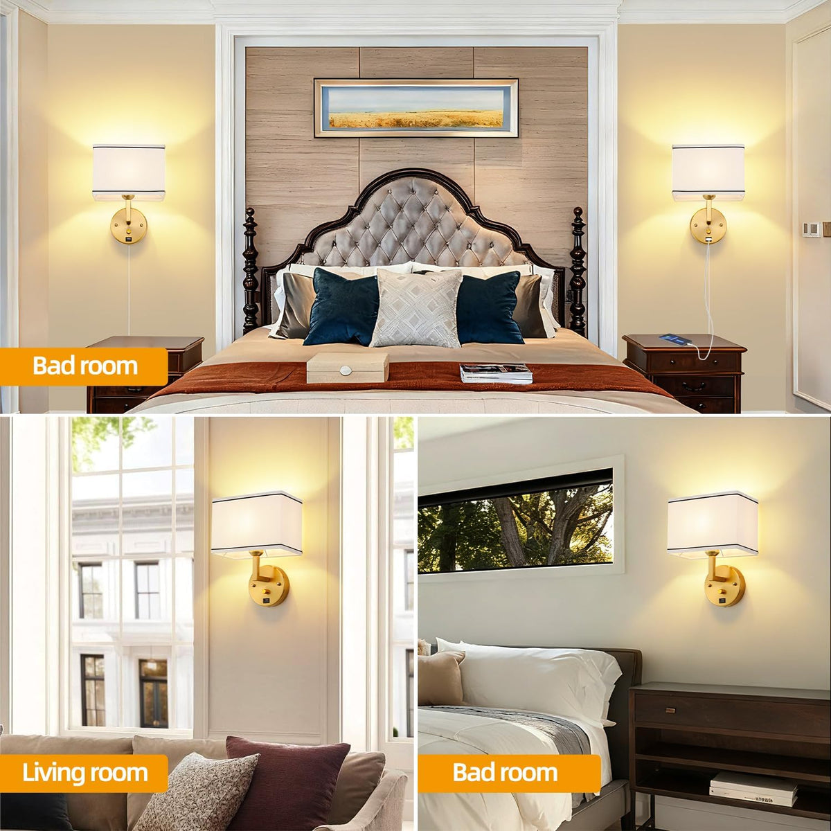 9.5" Wall Sconce with Plug-in Cord, USB Charging Port & Dimmer Switch, White Fabric Rectangular Shade Wall Mounted Lamp