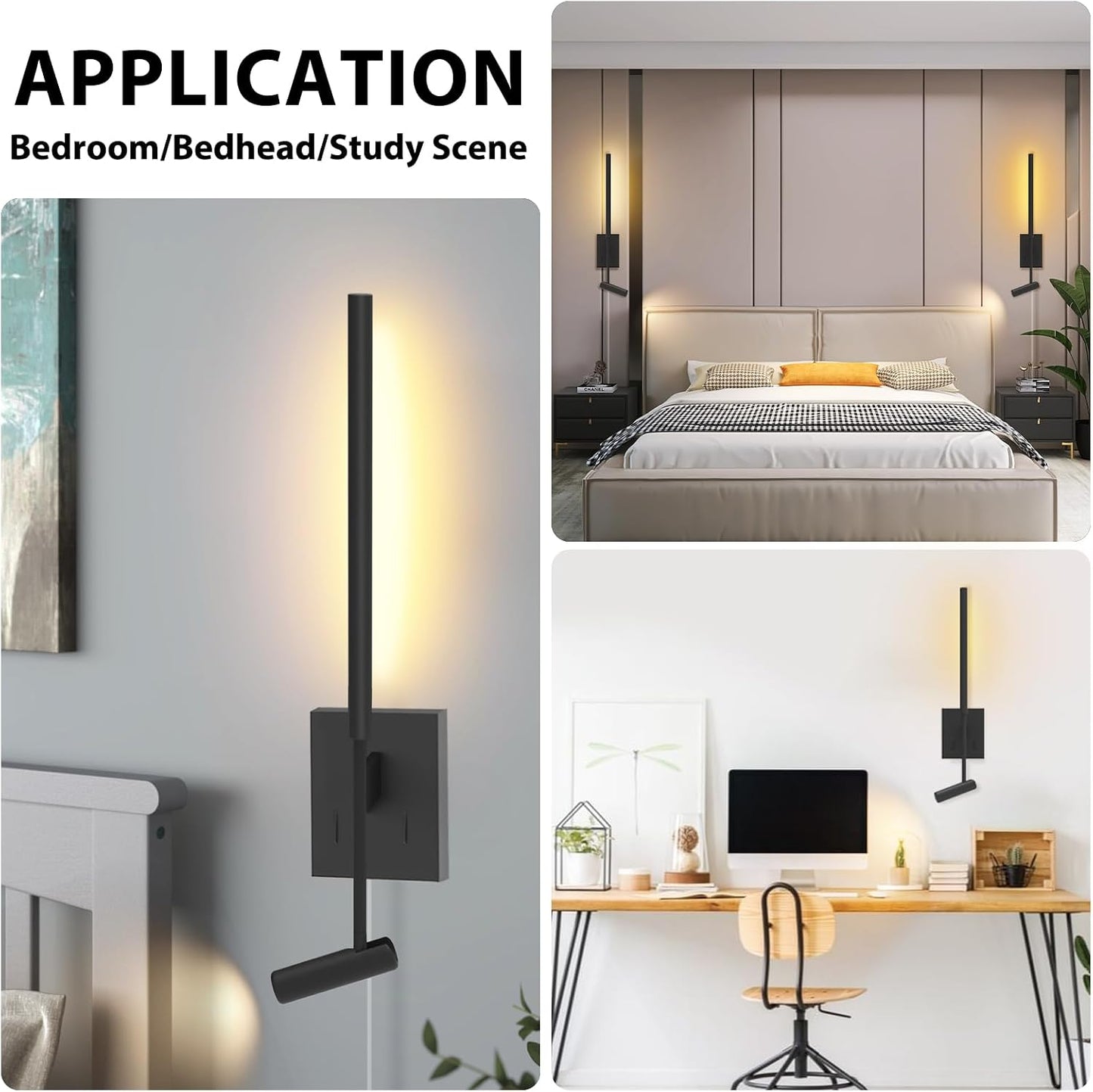 Modern Plug in Wall Sconce Indoor Wall Light Set of two for Bed, Corded Minimalist Bedside Linear Wall Sconce With