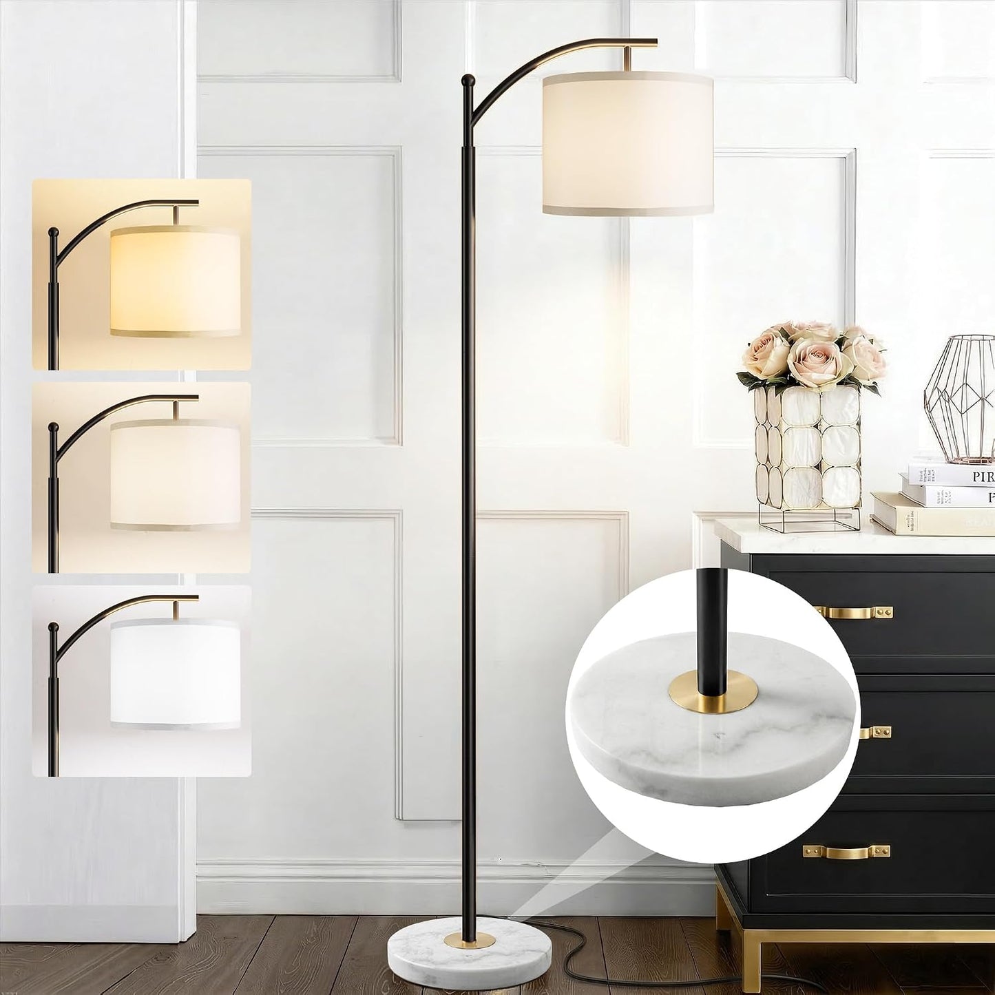 Floor Lamp for Living Room with Marble Base, Modern Standing Lamp with 3 Color Temperatures Bulb & Adjustable Linen
