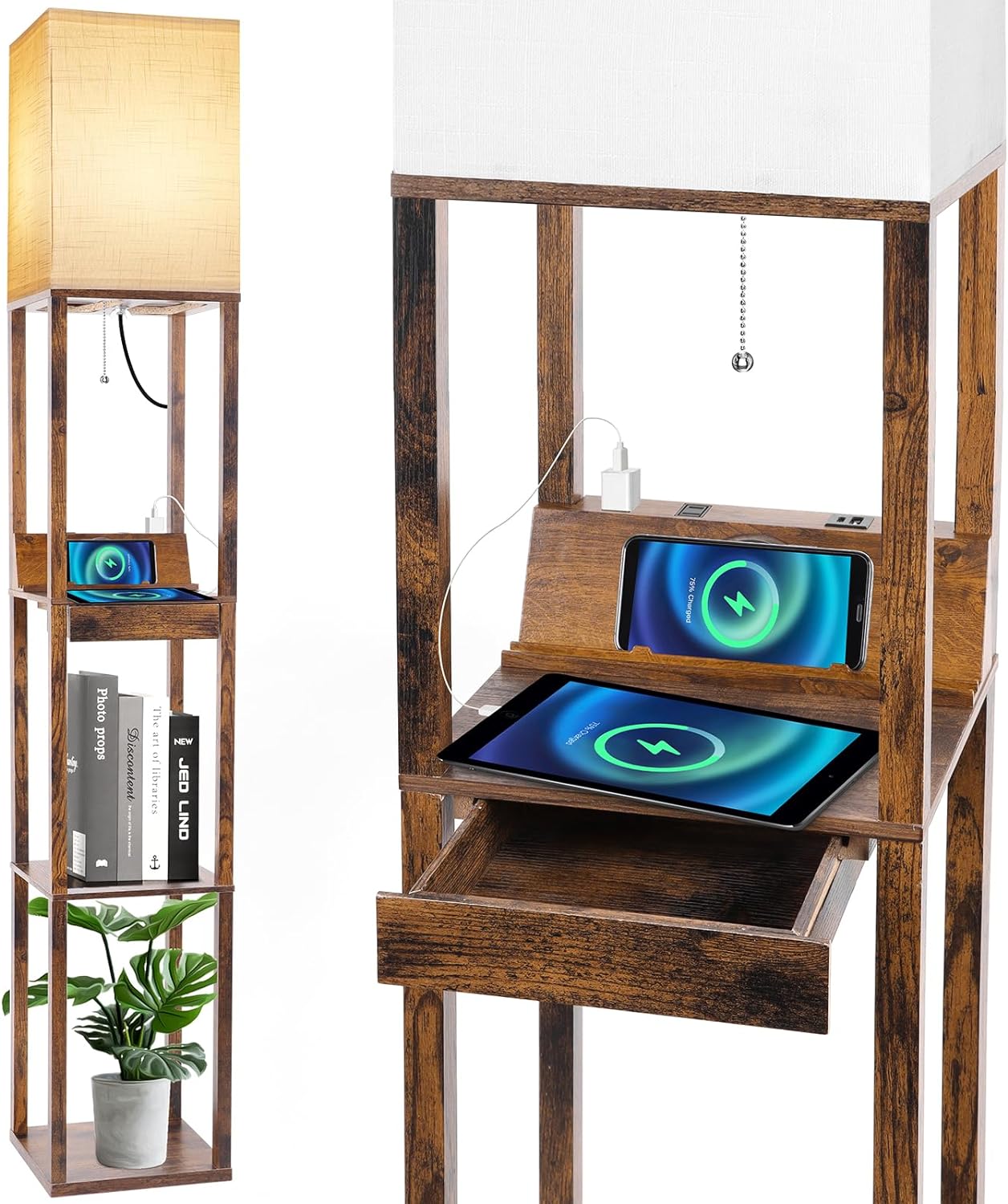 RUNTOP Floor Lamp with Shelves, Shelf Floor Lamp with Wireless Charger & 2 Charging USB Ports & Drawer, AC Outlet, 3