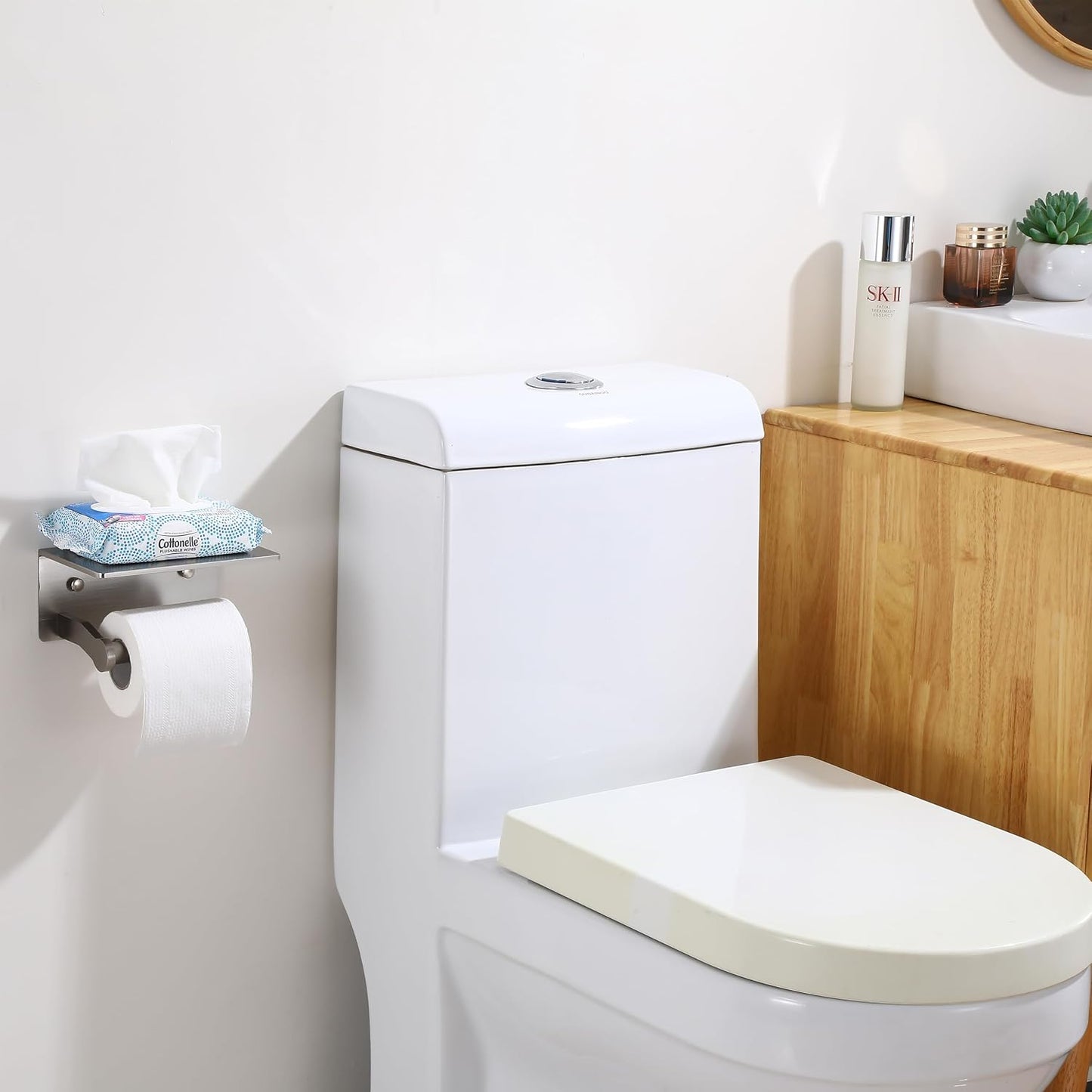 Toilet Paper Holder with Shelf, Adhesive or Screw Wall Mount Toilet Roll Holder for Bathroom, Rustproof Solid Aluminum
