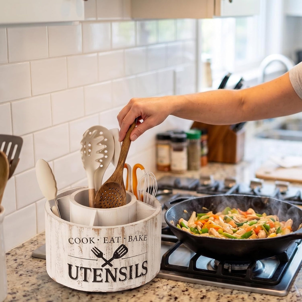 10.2 Inch Extra Large 360° Rotating Utensil Holder | Farmhouse Kitchen 5 Compartments, Lazy Susan Utensil Crock for