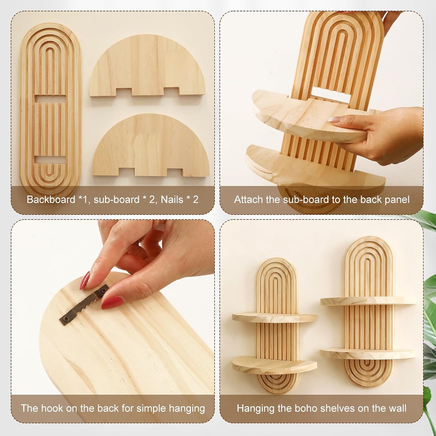Shelf Wall Decor Boho Wood Floating Shelves Plant Holder 2-Tier Trinket Storage / 2 Beige / Set of 2