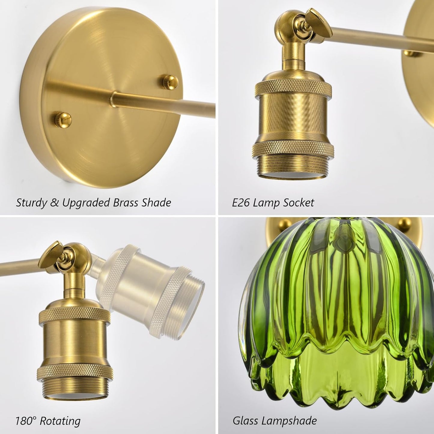 Vintage Battery Operated Wall Sconce, Green Tulip Glass Lampshade Wireless Rechargeable Battery Powered LED Wall Light