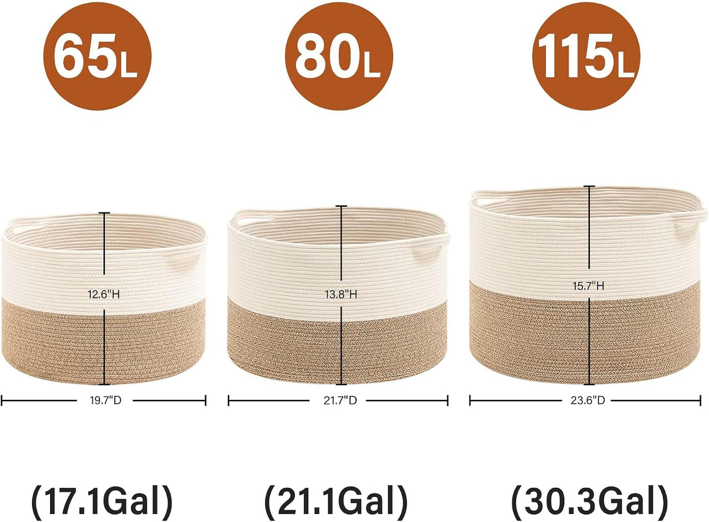 Collapsible Handle Cotton Rope Soft Woven Fabric Storage Organizer Clothes / White & Brown / 65L