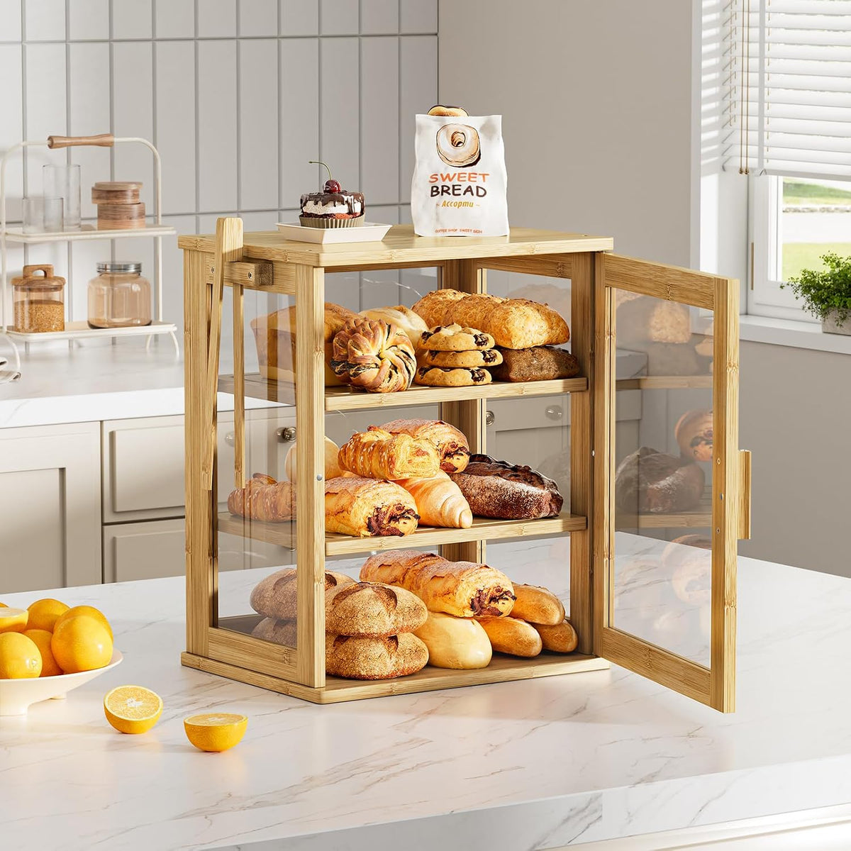 WOWLIVE Bread Box for Kitchen Countertop, 3 Layers Bread Storage Container | Large Bamboo Bread Bin for Homemade Bread