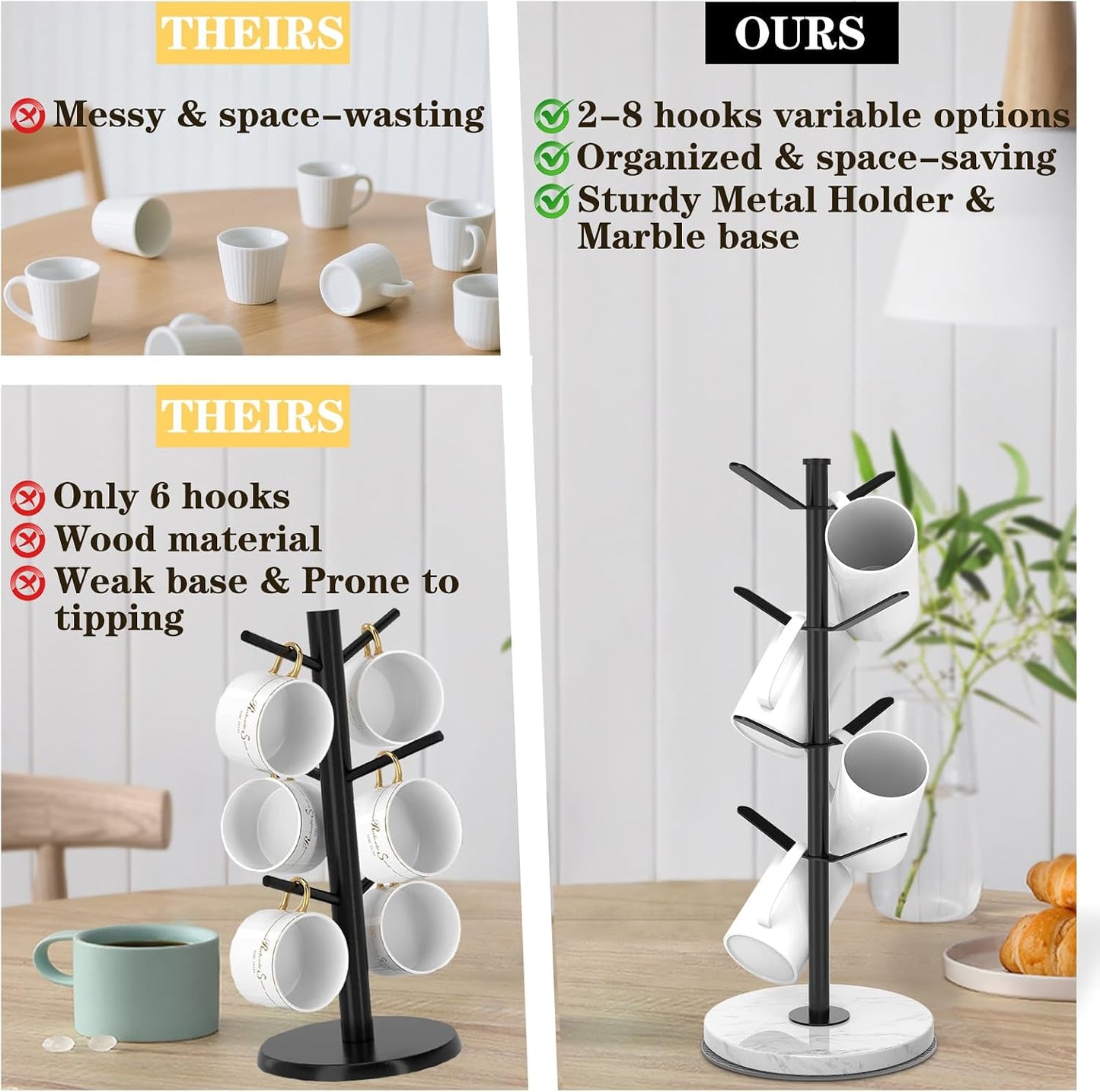 Marble Mug Holder Tree with 2–8 Adjustable Hooks | Detachable Stainless Steel Coffee Cup Stand with Modular Height and