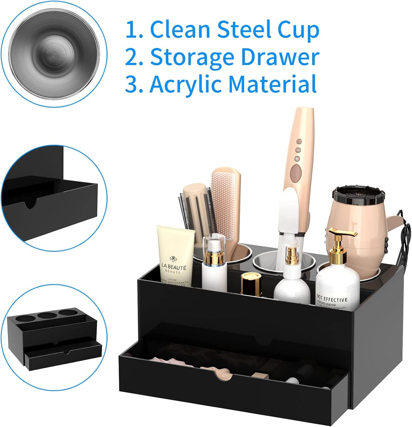 NIUBEE Acrylic Hair Tool Organizer with Drawer, Hair Dryer Holder Organizer | Black, Hot Tools Organizer Countertop