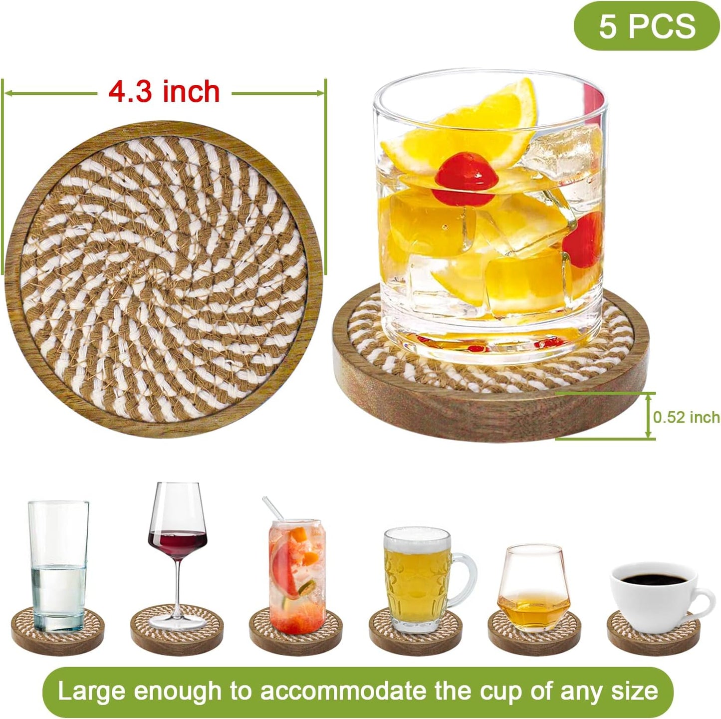Wooden Drink Coasters / Borwn & White / 4.3 Inch / Set of 5