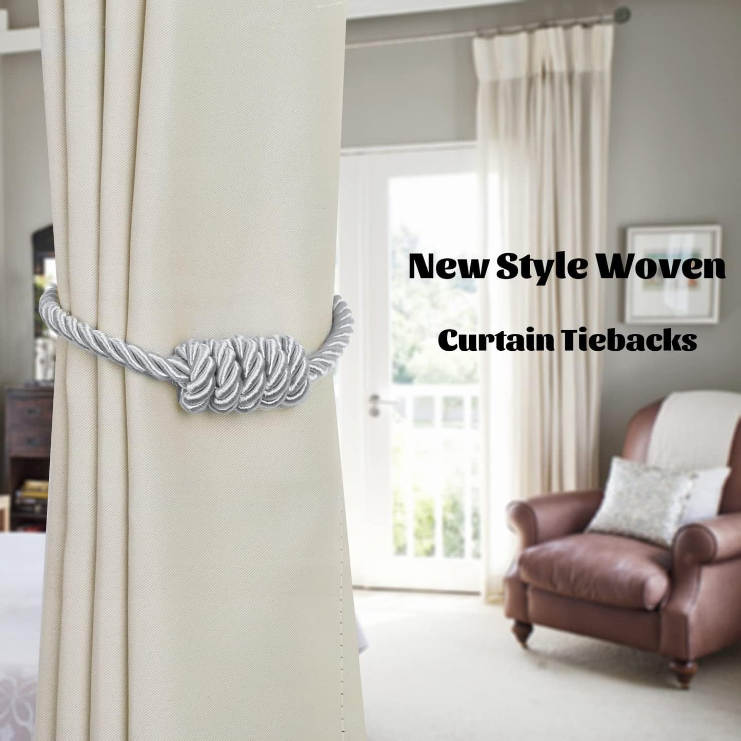 BEL AVENIR Magnetic Curtain Tiebacks 6 Pack Hand-Woven Curtain Ties | Silver Decorative Curtain Holdbacks Bohemian