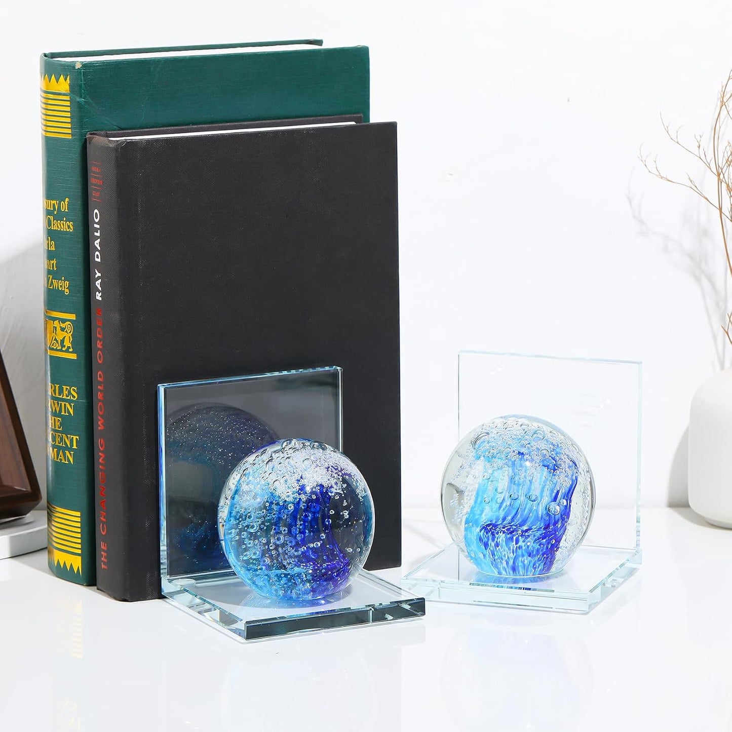 Hand Blown Ocean Waves Ball Glass Decorative Non Skid Bookends / Blue