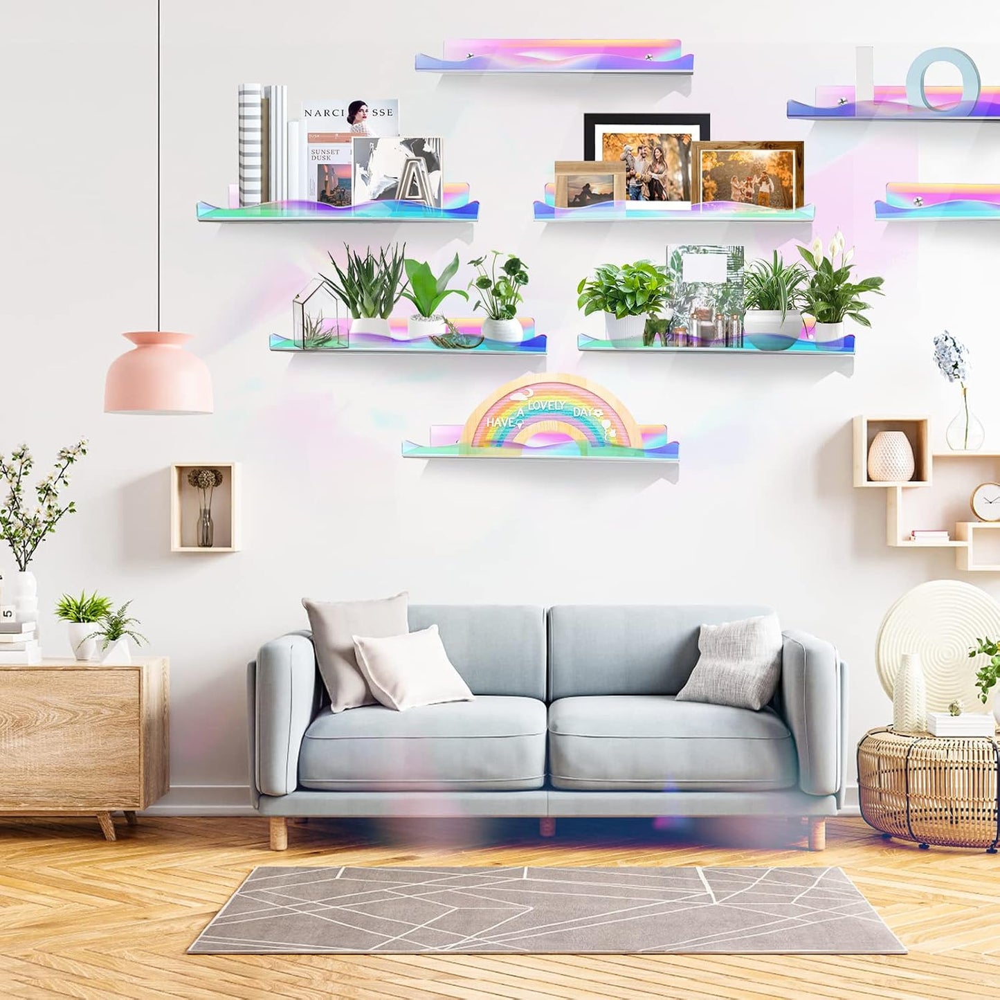 DILIBRA 6 Packs Iridescent Clear Acrylic Floating Shelves, 15.7 Inch Large | Set up for Funko Pop Display Case Picture