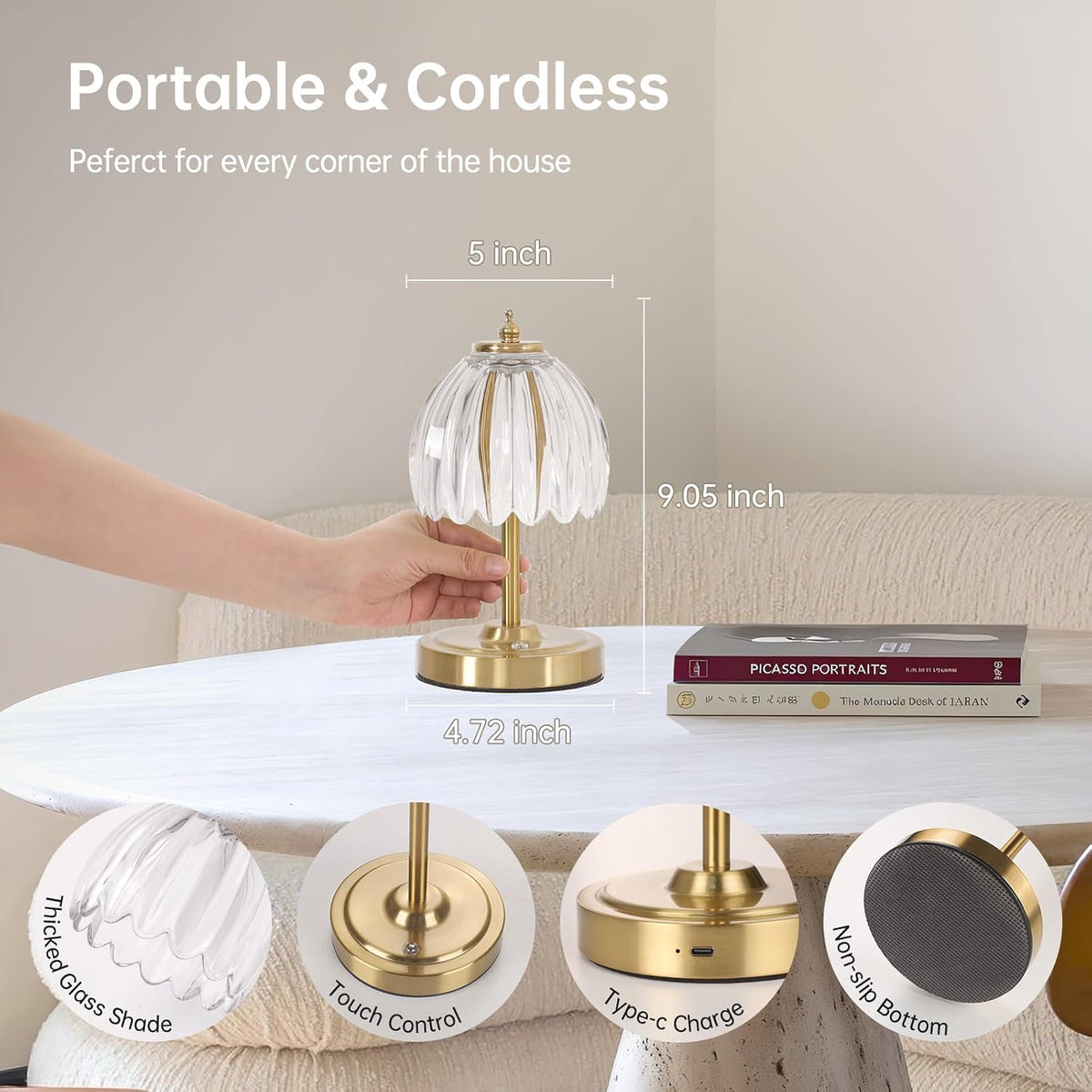 Shenmoyl Set of 2 Tulip Table Lamp with 5200mAh Battery & Touch Control, Cordless Small Table Lamp with 3 Colors