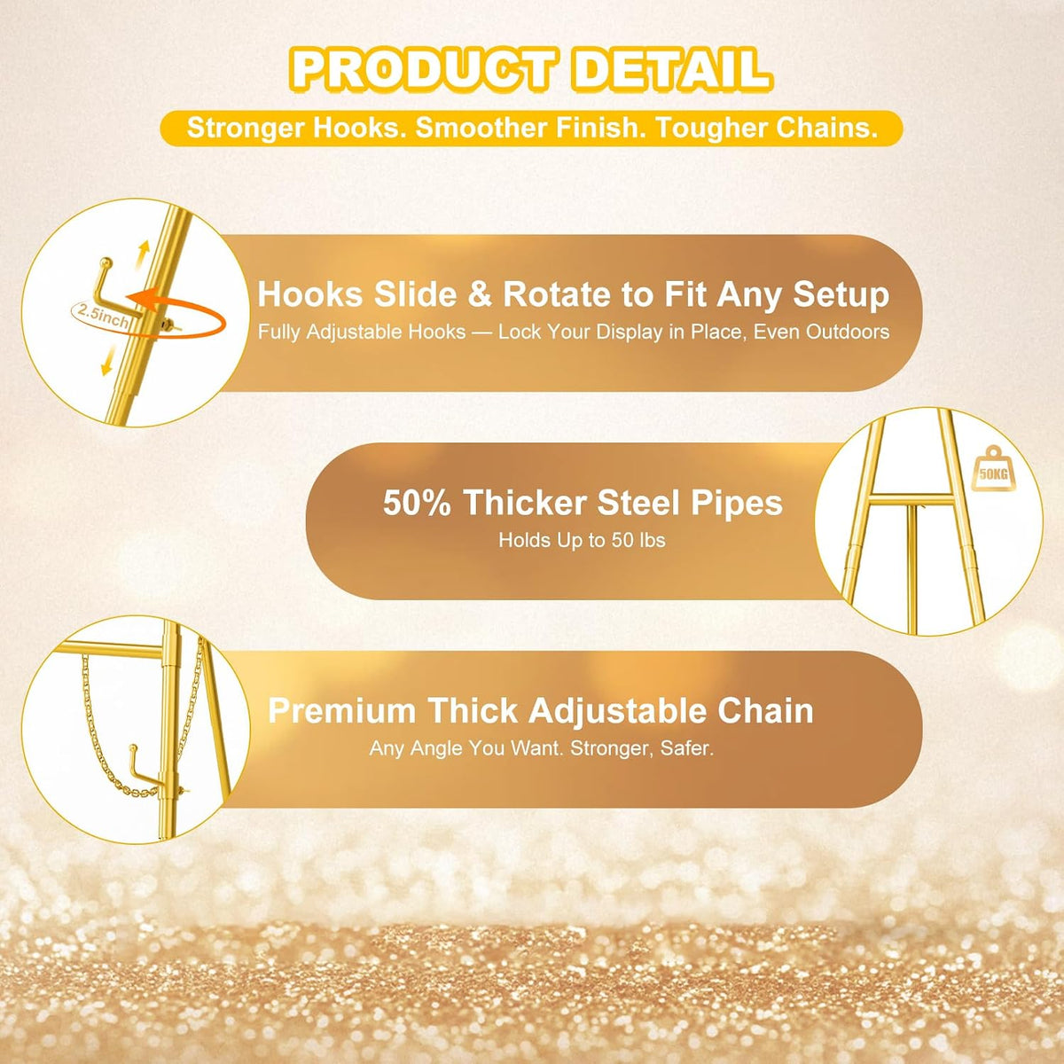 Interchangeable Bow & Star Top Gold Easel Stand for Sign, 62"–47" Height Adjustable Heavy Duty Wedding Easel Stand with