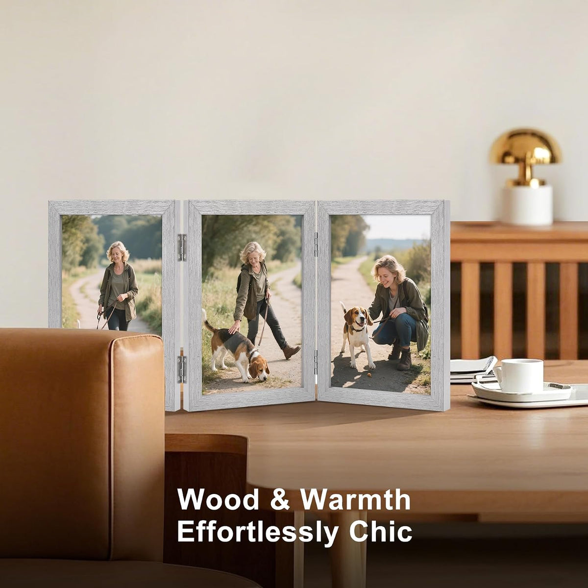 TOFOREVO 4x6 3 Picture Frame Triple Wooden Hinged Photo Frame Definition Glass Stand Vertically on Desktop or Tabletop