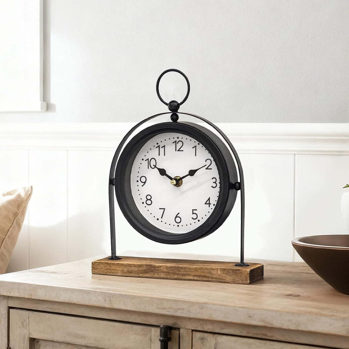 Vintage Small Table Clock, Black Metal Farmhouse Table Clock with Wooden Base, Silent Non-Ticking Battery Operated Desk