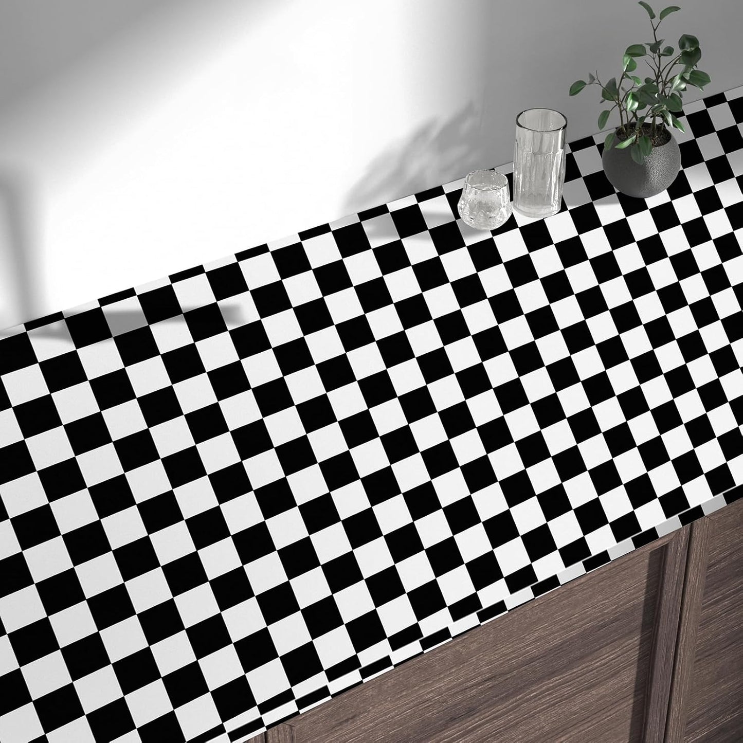 White Checkered Flag Contact Paper Checkerboard Peel / 17.3 x 480 / Checker / Black / Set of 17