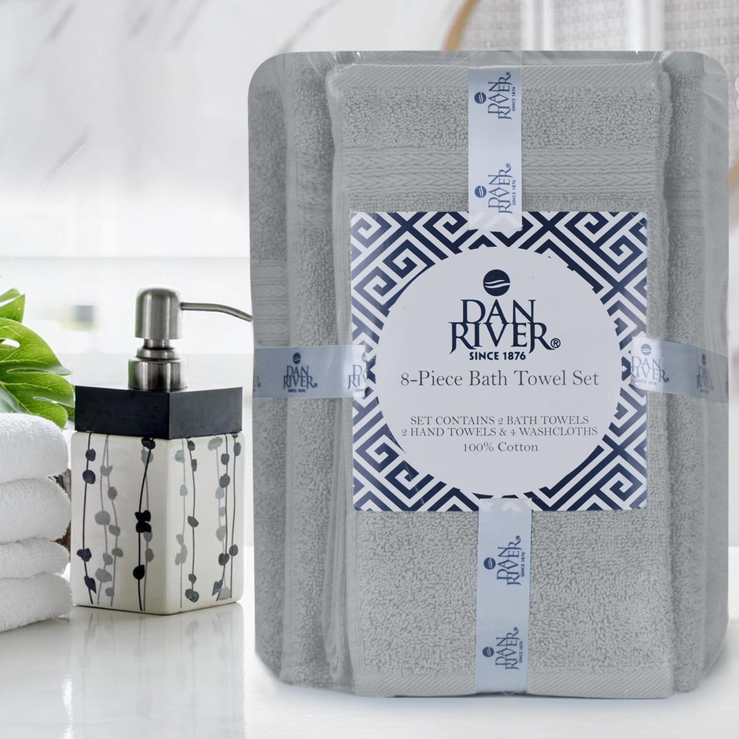 DAN RIVER 8 Piece Luxury Bath Towels for Bathroom, Towel Set, Silver | 2 Bath towels, 2 Hand towels, and 4 Wash Cloths