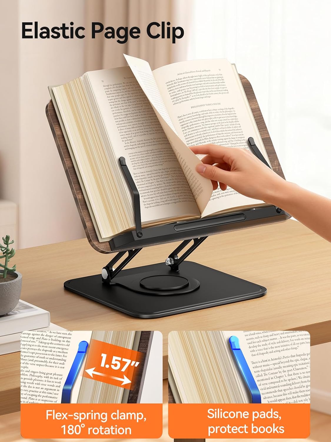 Tounee Book Stand, 360° Rotating Reading Book Holder, Adjustable Cookbook Holder for Reading Hands-Free, Foldable