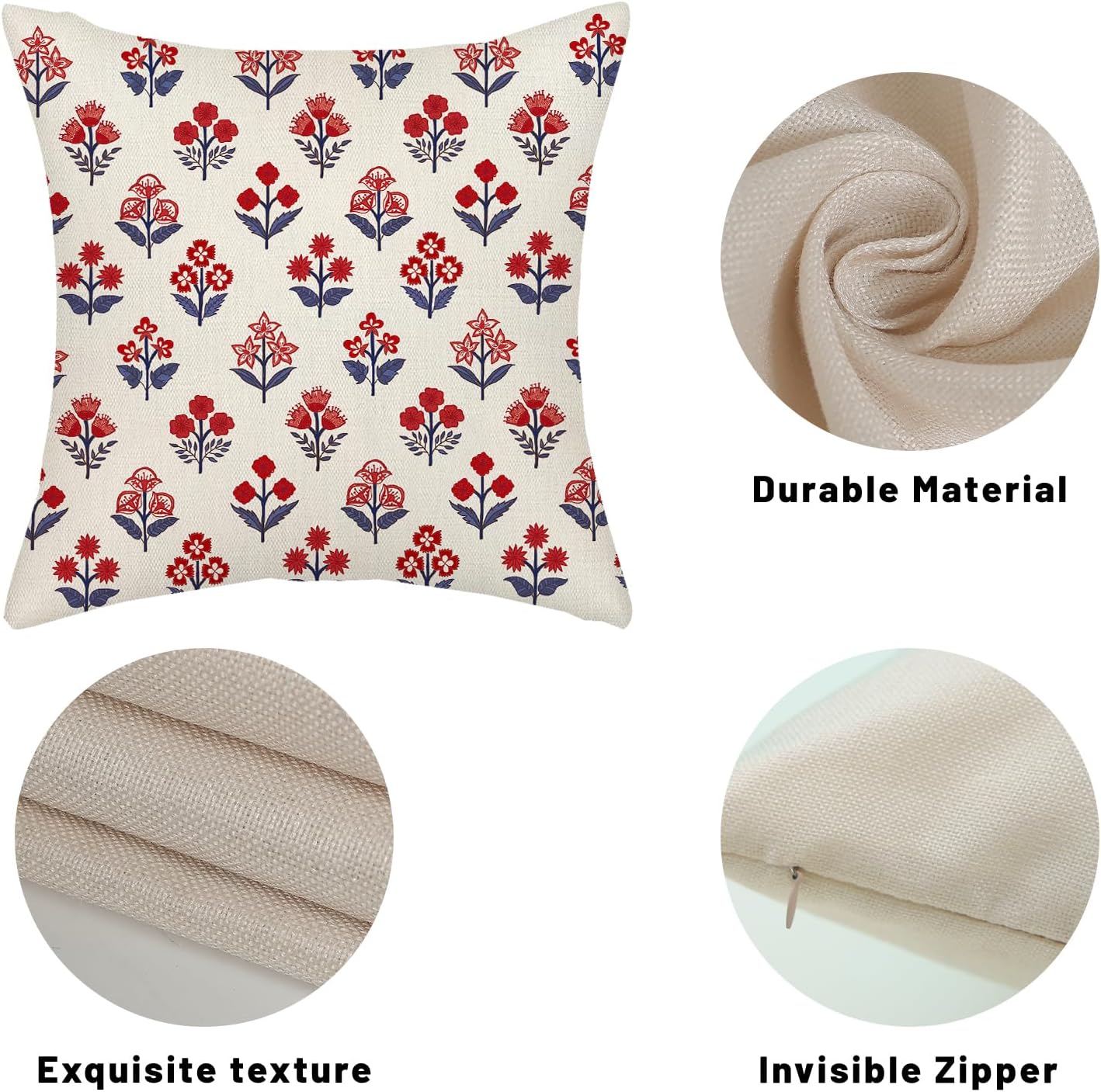 4th of July Pillow Covers Red Blue / 18 x 18 / 4th of July Red Blue Block Print Floral / Set of 2