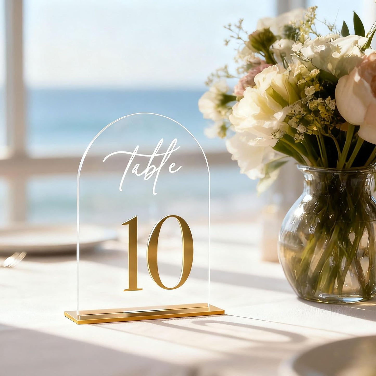 1-25 Arch Acrylic Wedding Table Numbers with Stands 5x8 Inch Signs | Transparent acrylic, golden letter print, sturdy