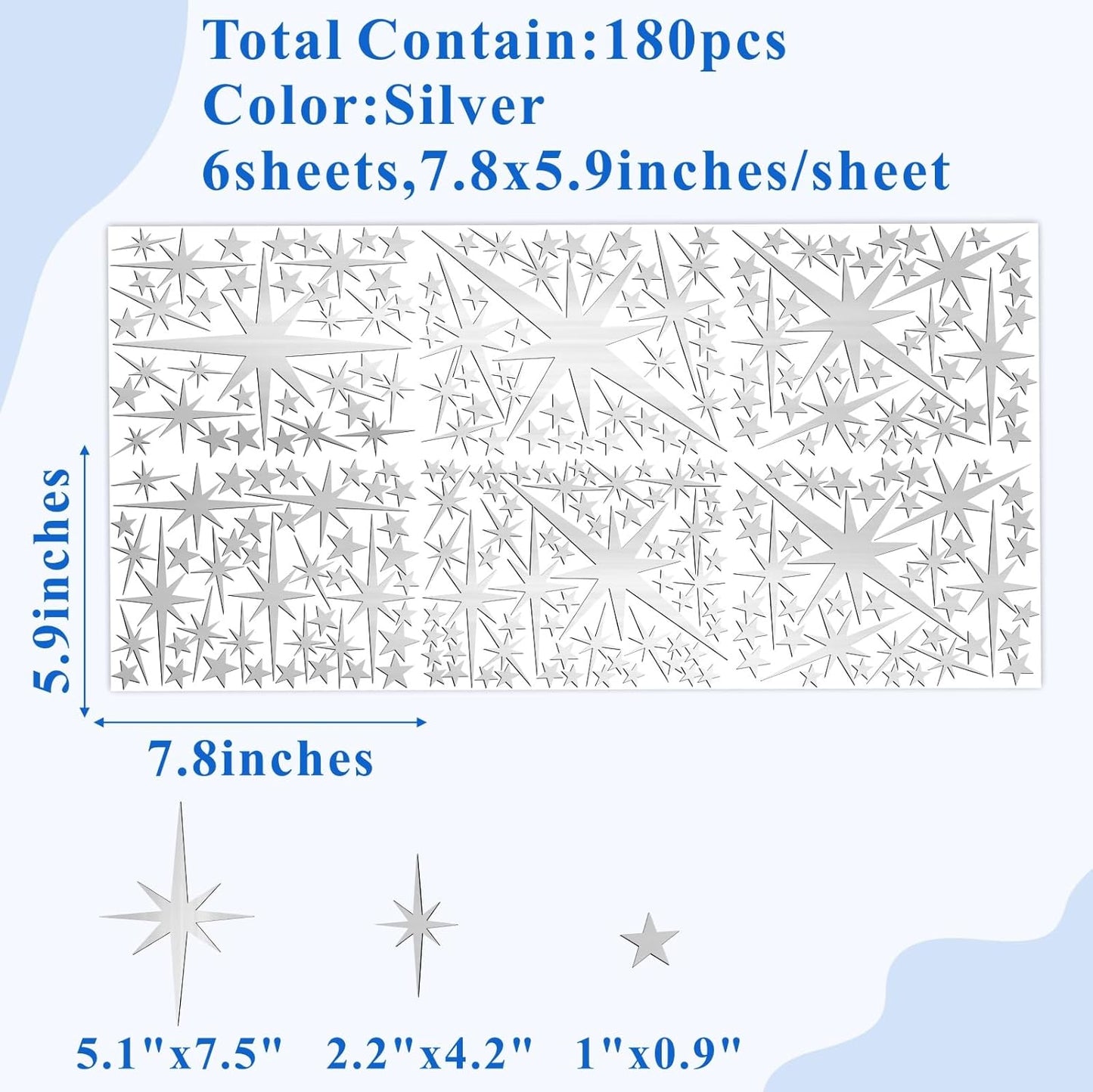 Retro Starburst Mirror Wall Decals 3D Acrylic Sparkle Wall Decors Star Walls / Sliver / Silver