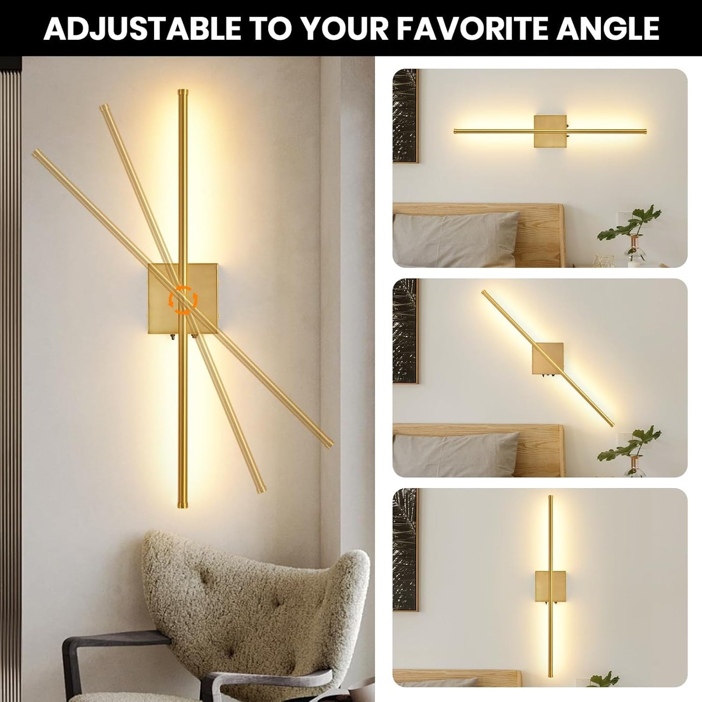 Rechargeable Battery Operated Wall Sconces, 11000mAh Wireless Brushed Gold Wall Lights with Remote Control, 350°Rotate