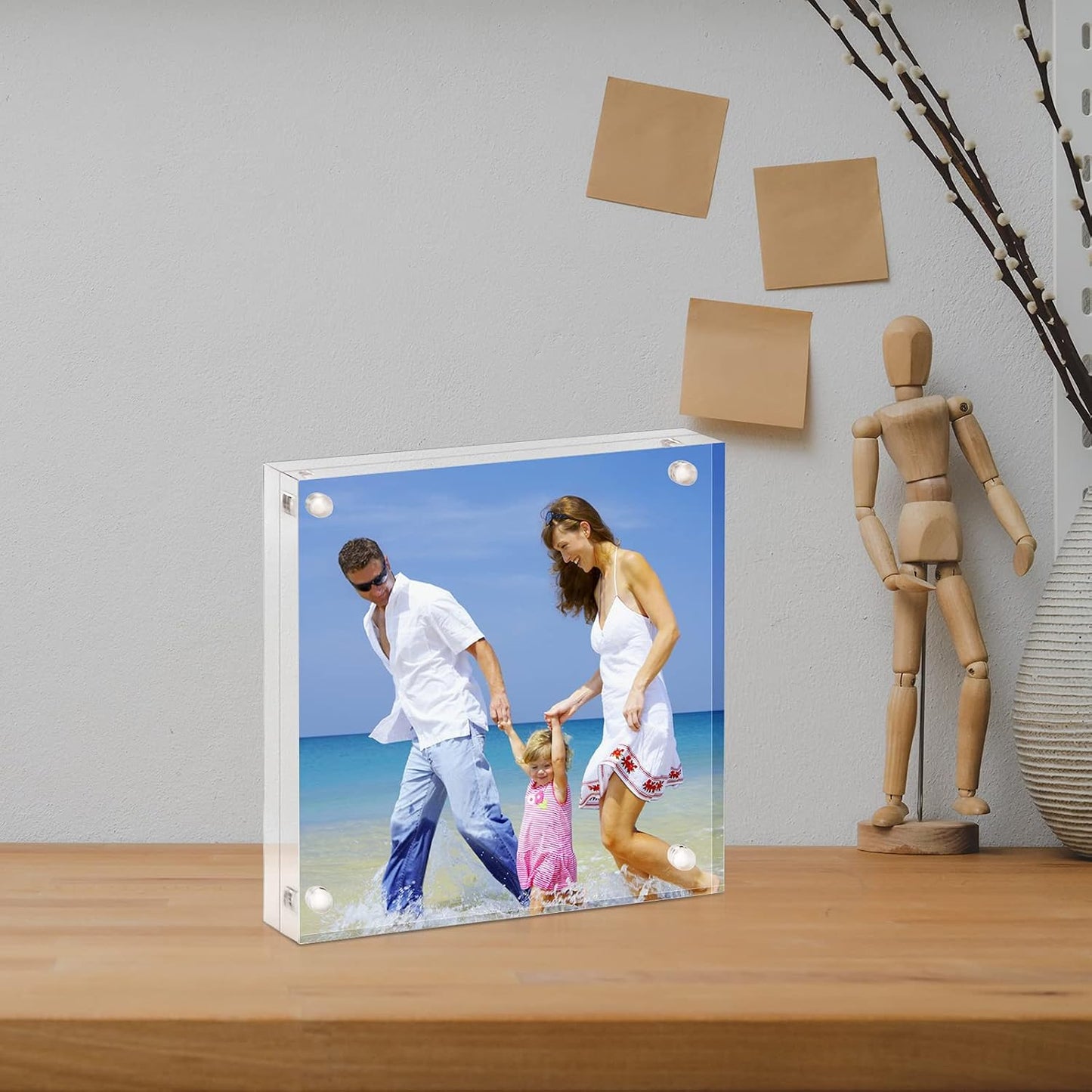 AMEITECH 4x4 Acrylic Picture Frame, Clear Double Sided Block Acrylic Photo Frames, Desktop Frameless Magnetic Photo