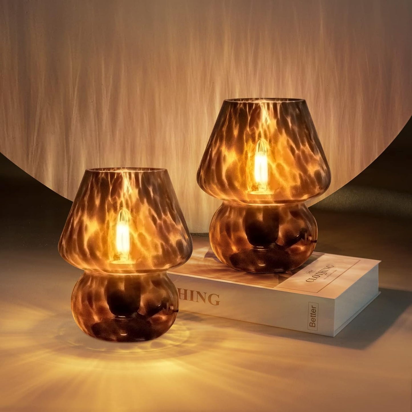 ONEWISH Mushroom Lamp Small Vintage Table Lamp for Bedroom Set of 2, Nightstand Bedside Lamp Translucent Glass