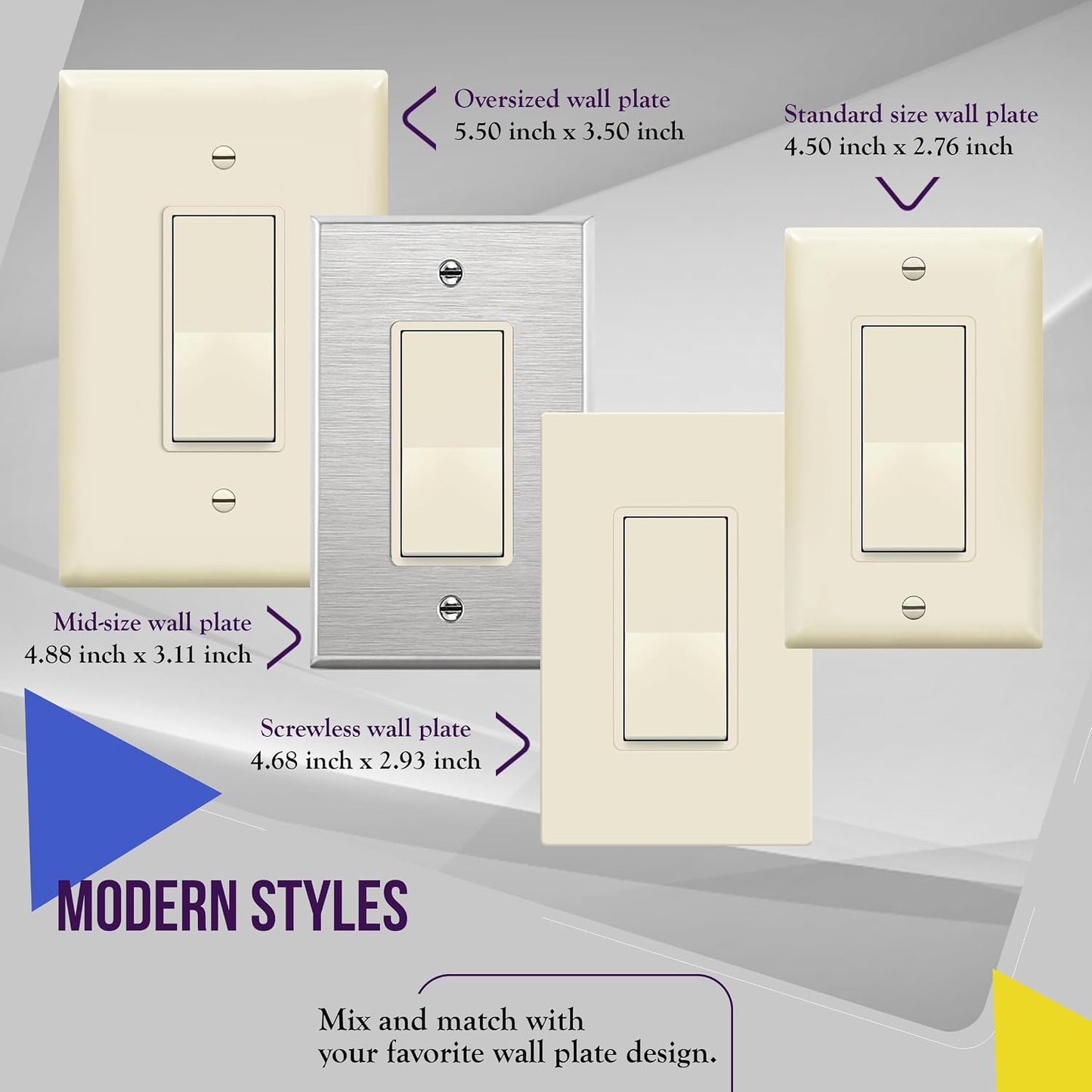 ENERLITES Decorator On/Off Paddle Switch with Wall Plates, Single Pole, 3 Wire, Grounding Screw, Residential Grade, 15A