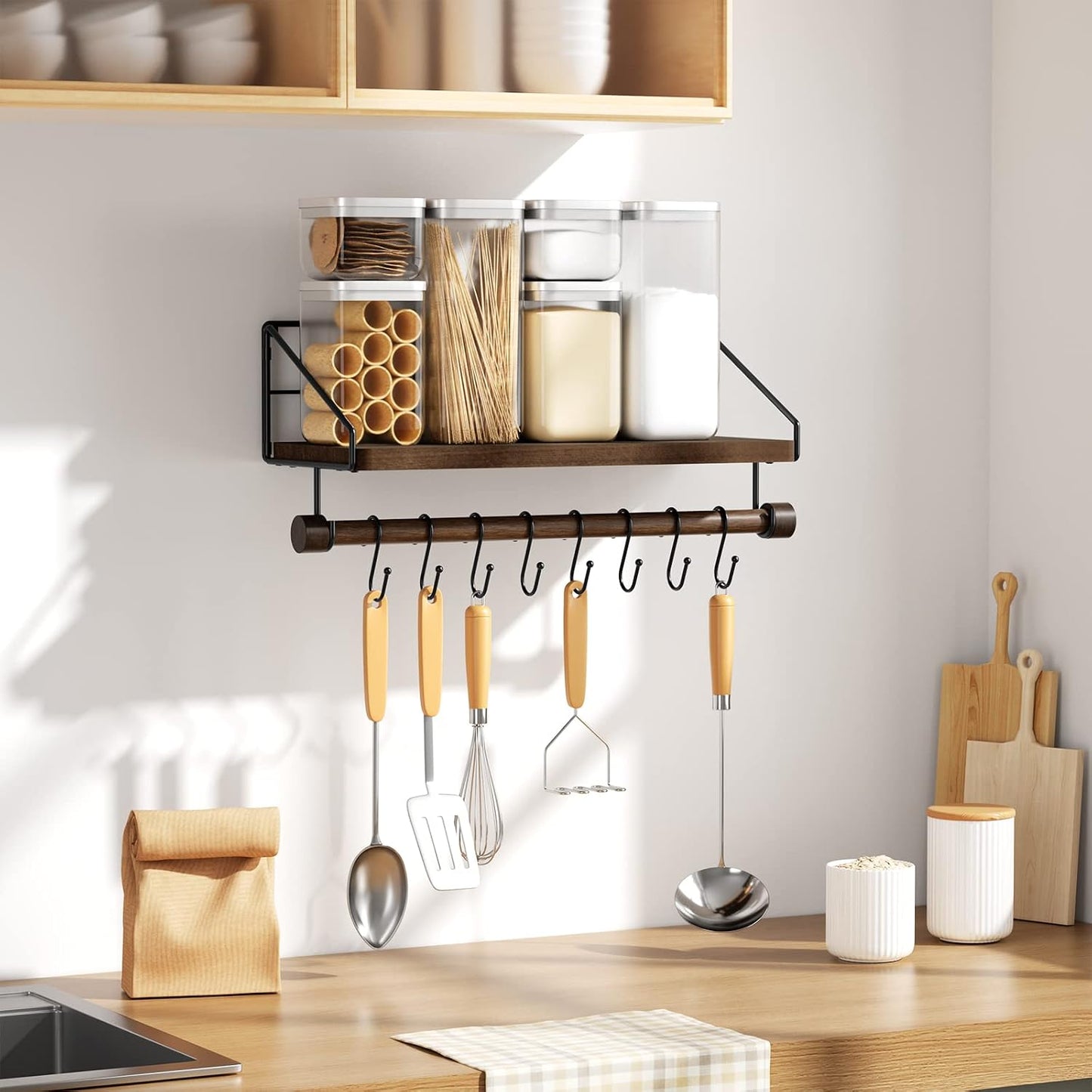 Alsonerbay Floating Shelf Coffee Bar Shelf with Towel Bar, Dark Brown | 8 removable hooks, solid wood, space-saving