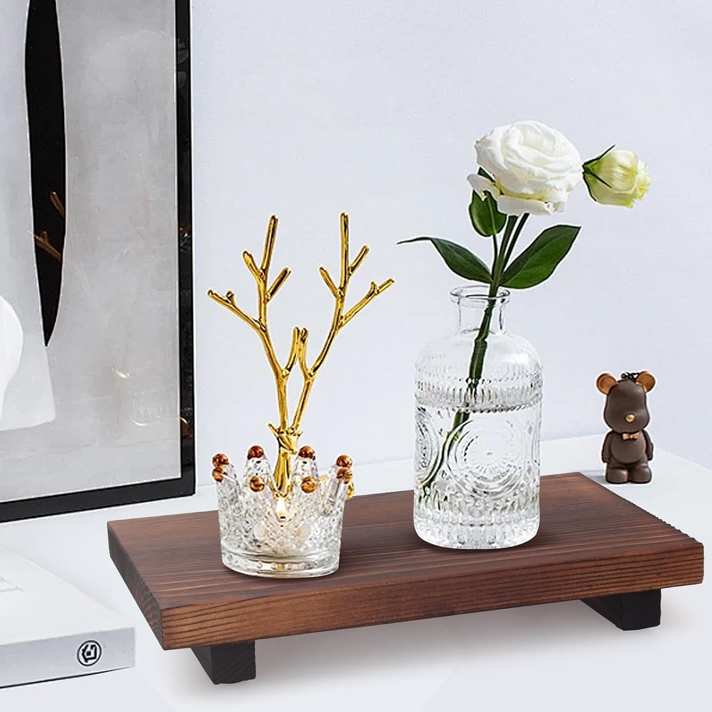 Farmhouse Wooden Bathroom Tray Small Kitchen Countertop Trays Decorative Wood / 10 x 6 x 1.6 / Brown