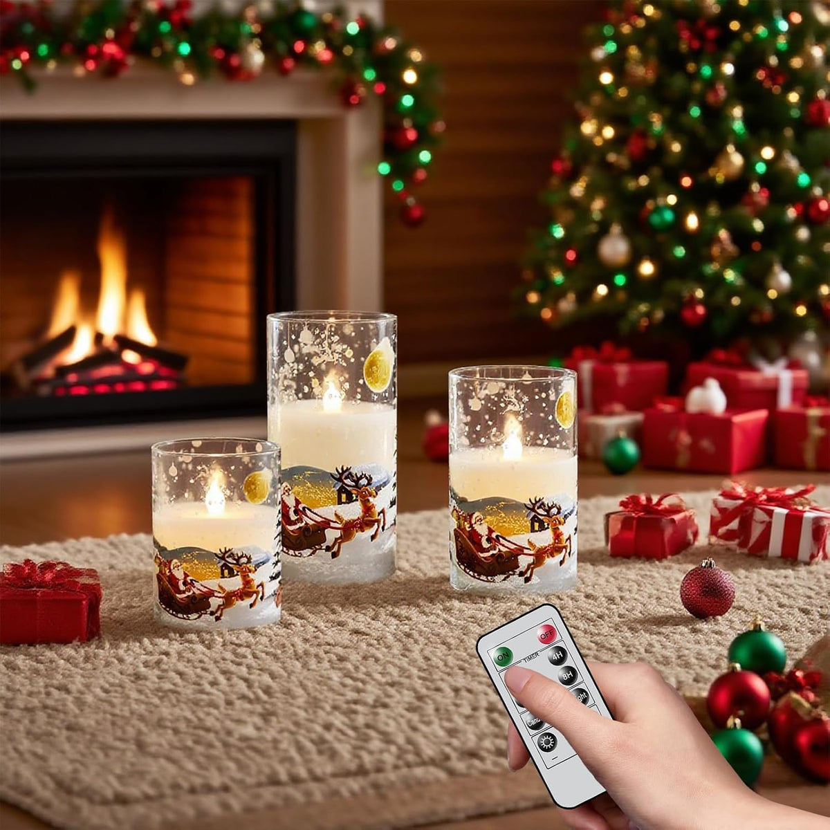 Santa Claus Glass Flameless Candles Rechargeable Battery Operated | Remote and Timer LED Pillar Candles Flickering