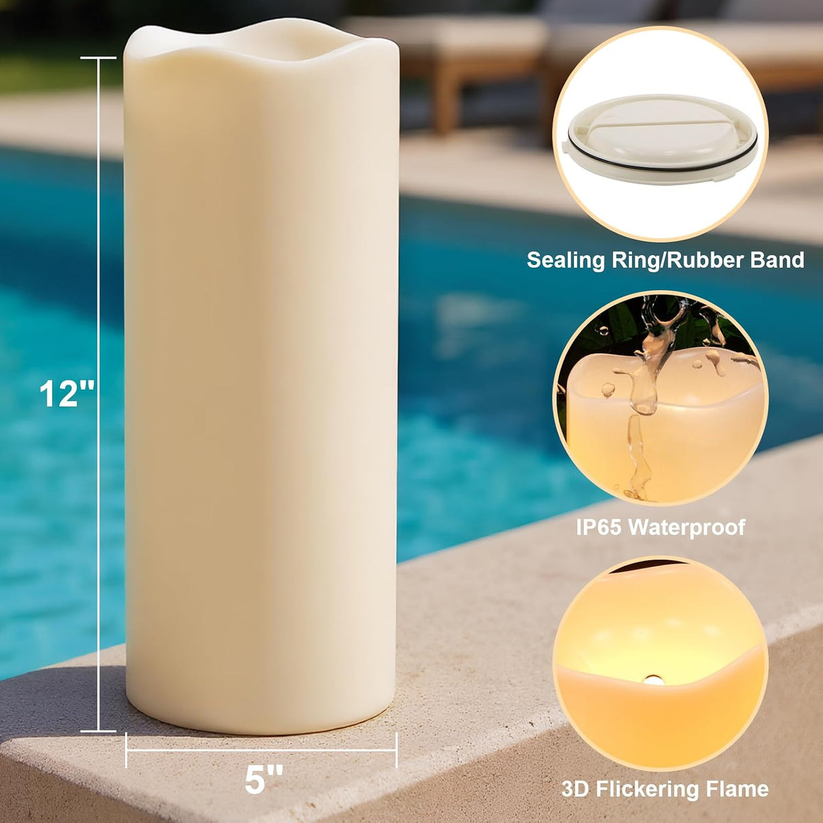 GenSwin Solar Candles Outdoor Waterproof Lantern Ivory White 5 x 12 in | IP65, Sensor for Dusk to Dawn, Large Pillar