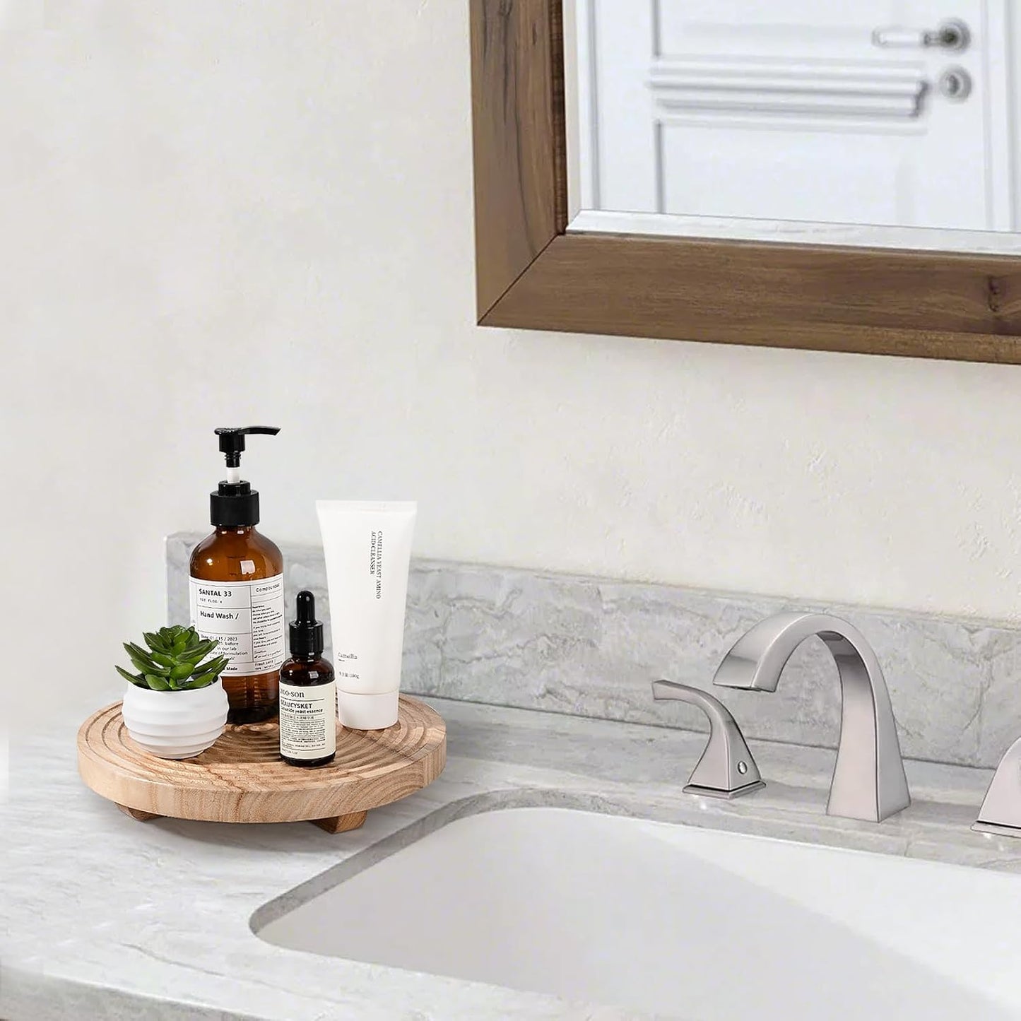 Round Decorative Tray Farmhouse Bathroom Decor Wood Riser Kitchen Countertop / Burlywood / Set of 9