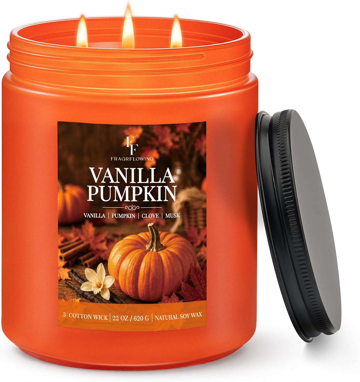 Large Fall Candle Vanilla Pumpkin Scented, 3-Wick 22oz Long Lasting