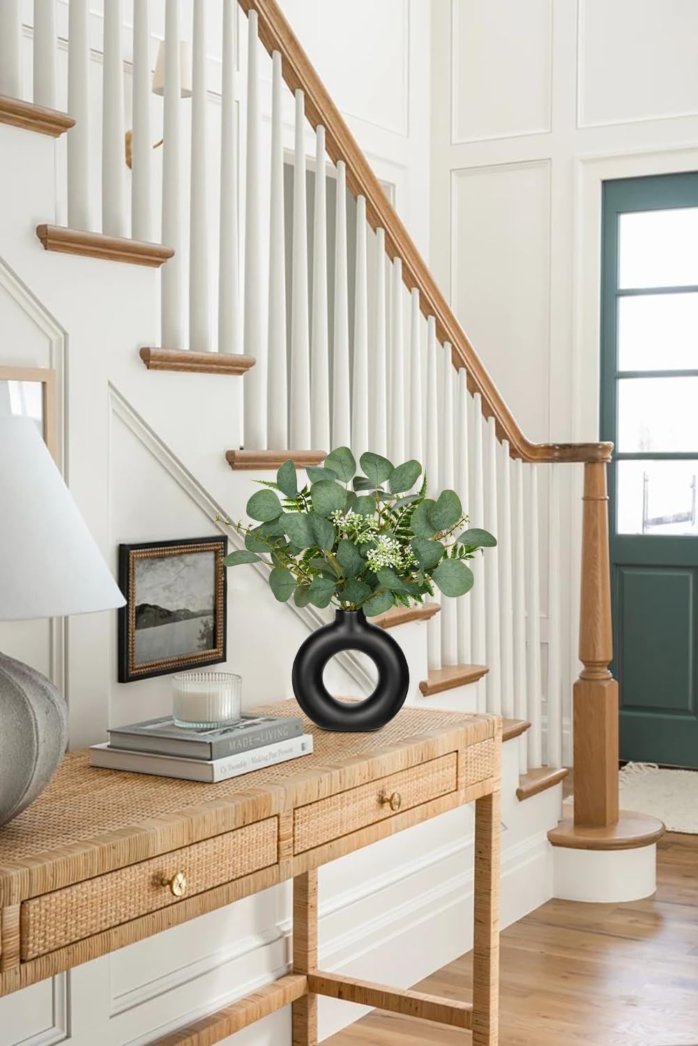 Artificial Eucalyptus Stems in Ceramic Vase 14.23" Fake Eucalyptus Plant Decor Donut Vase / Black