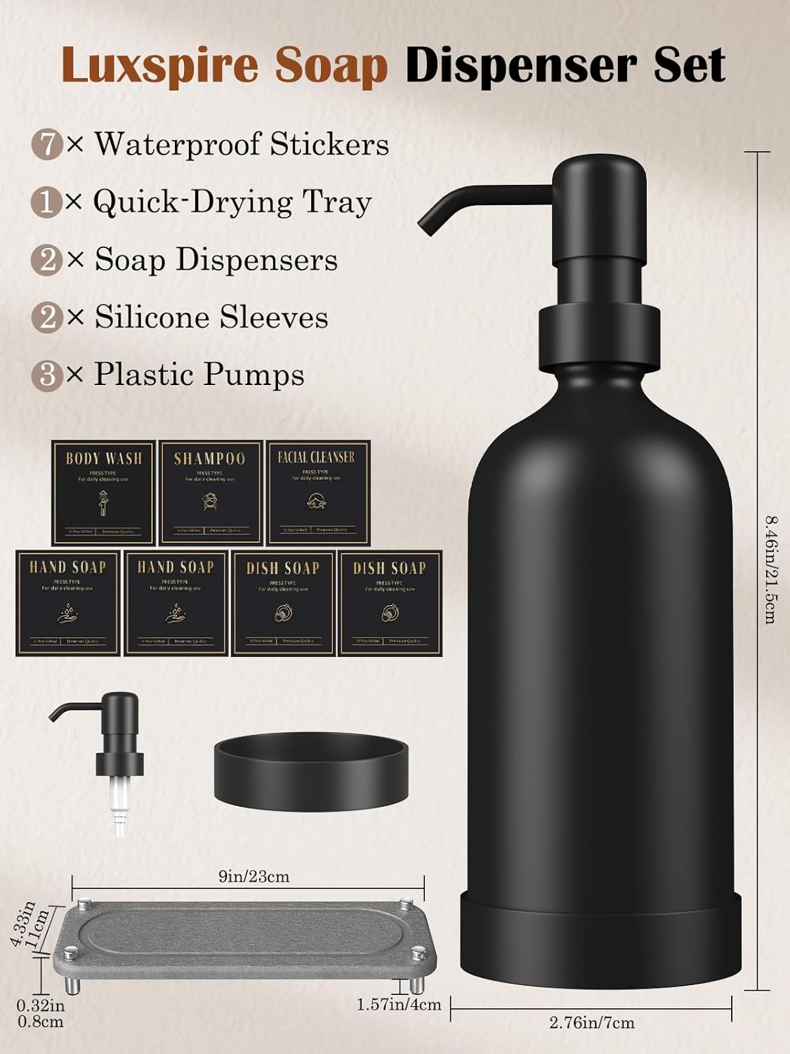 Luxspire 17 oz Glass Liquid Soap Dispenser Set, Black + Dark Gray, 2 Pack | Anti-drip pump, wide mouth easy refill