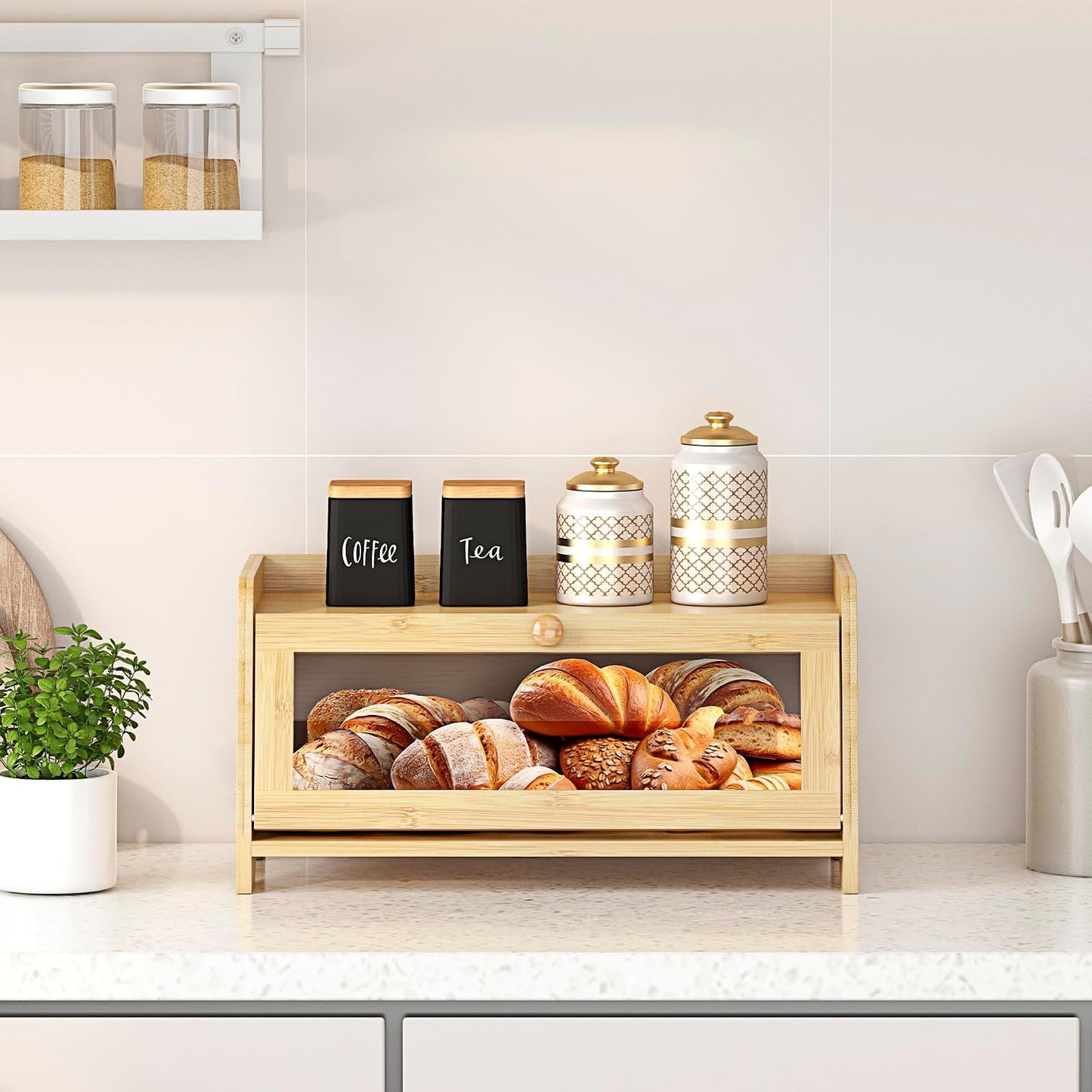 JANSNIMEN Bread Box for Kitchen Countertop, Large Bread Container Storage, Wooden Farmhouse Bread Box with Window Bread