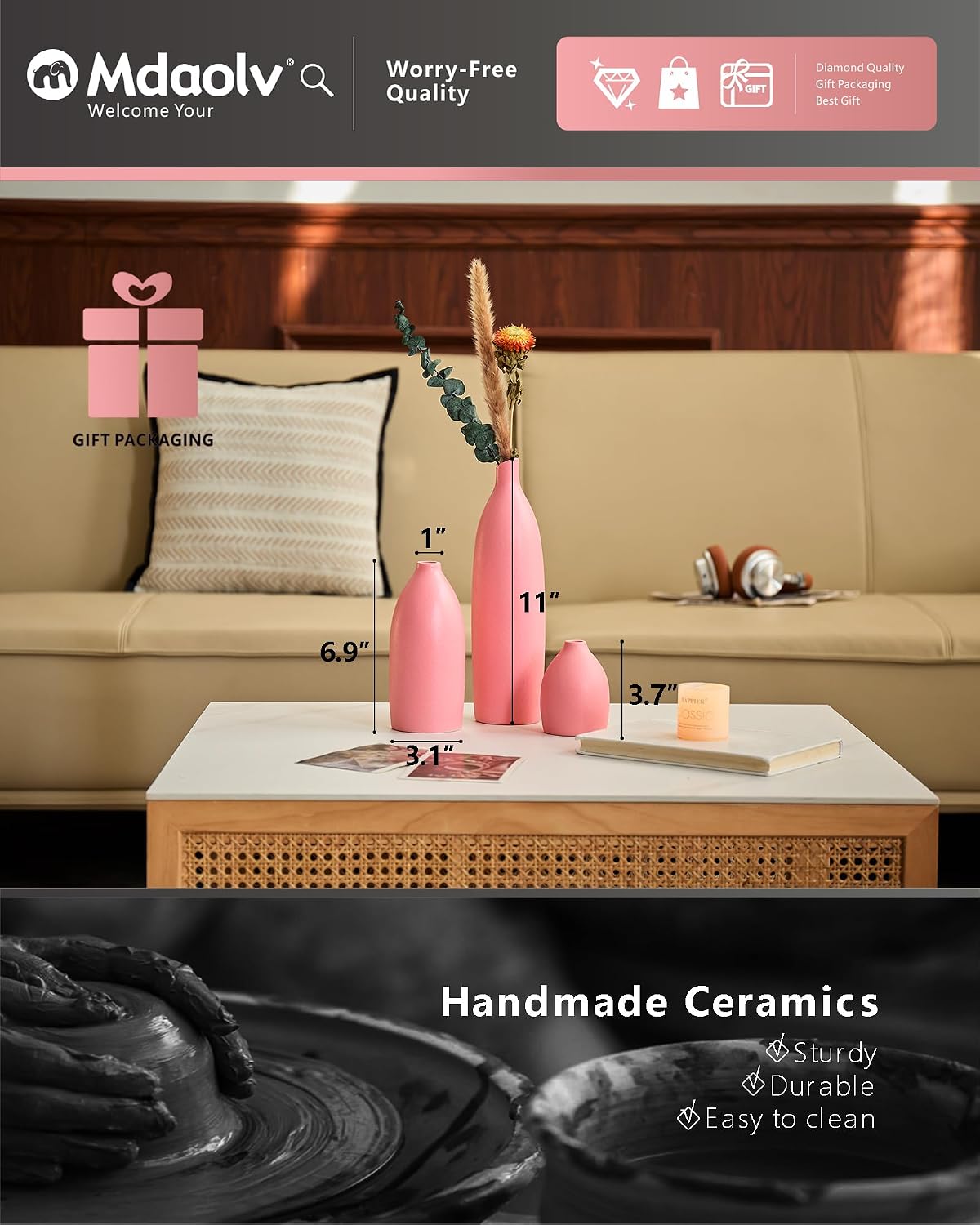 Modern Boho Aesthetic Bud Ceramic Vases Home Decor / Pink / Set of 3